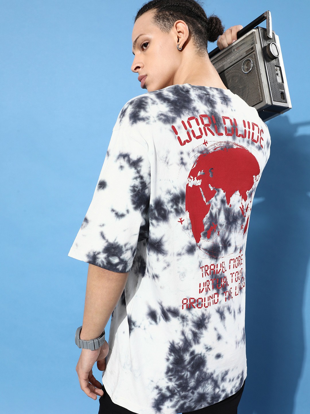 

DILLINGER Men White Tie & Dye Oversized Pure Cotton Longline T-shirt