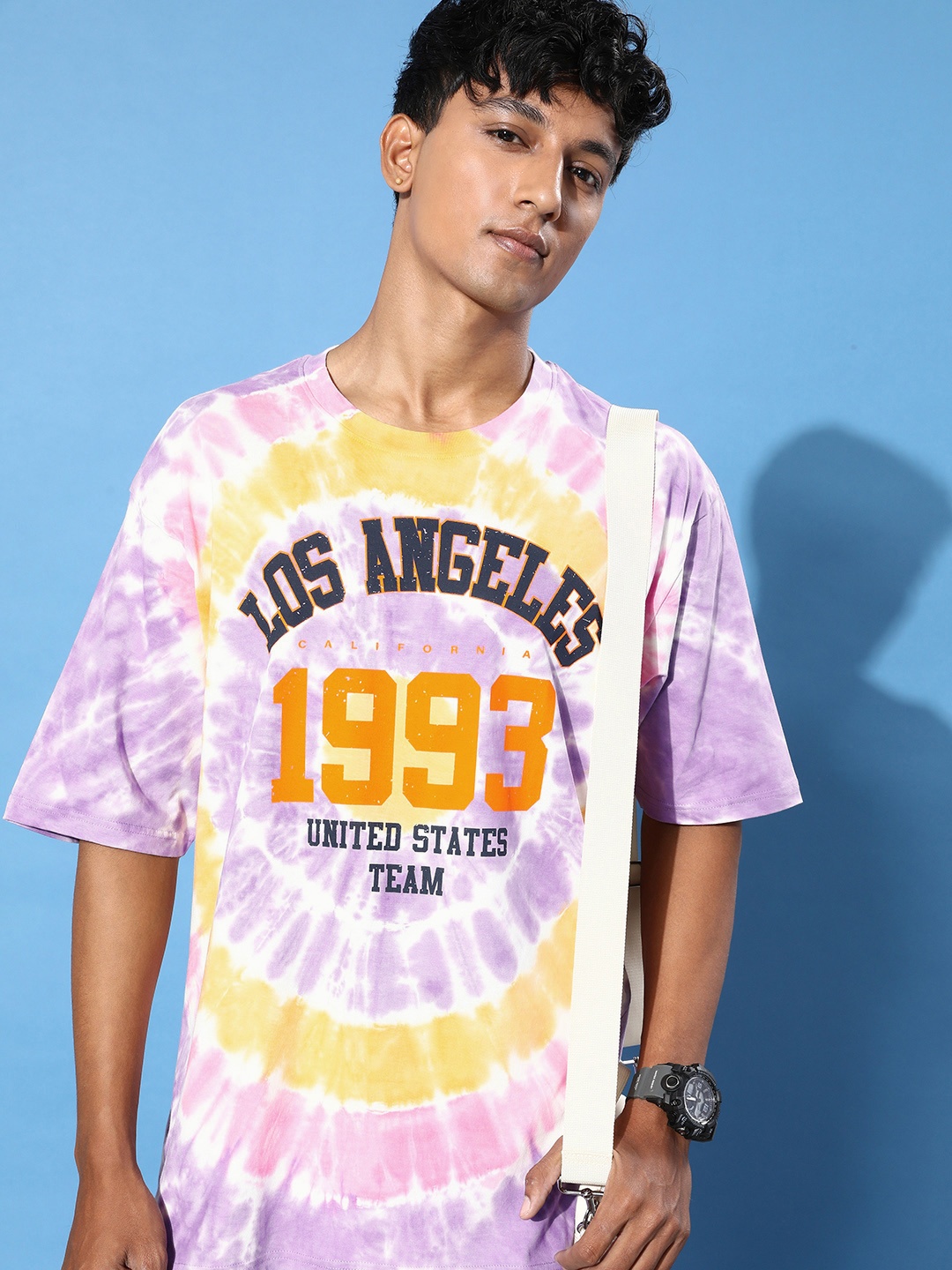 

DILLINGER Men Pink & Yellow Tie & Dye Oversized Pure Cotton Longline T-shirt
