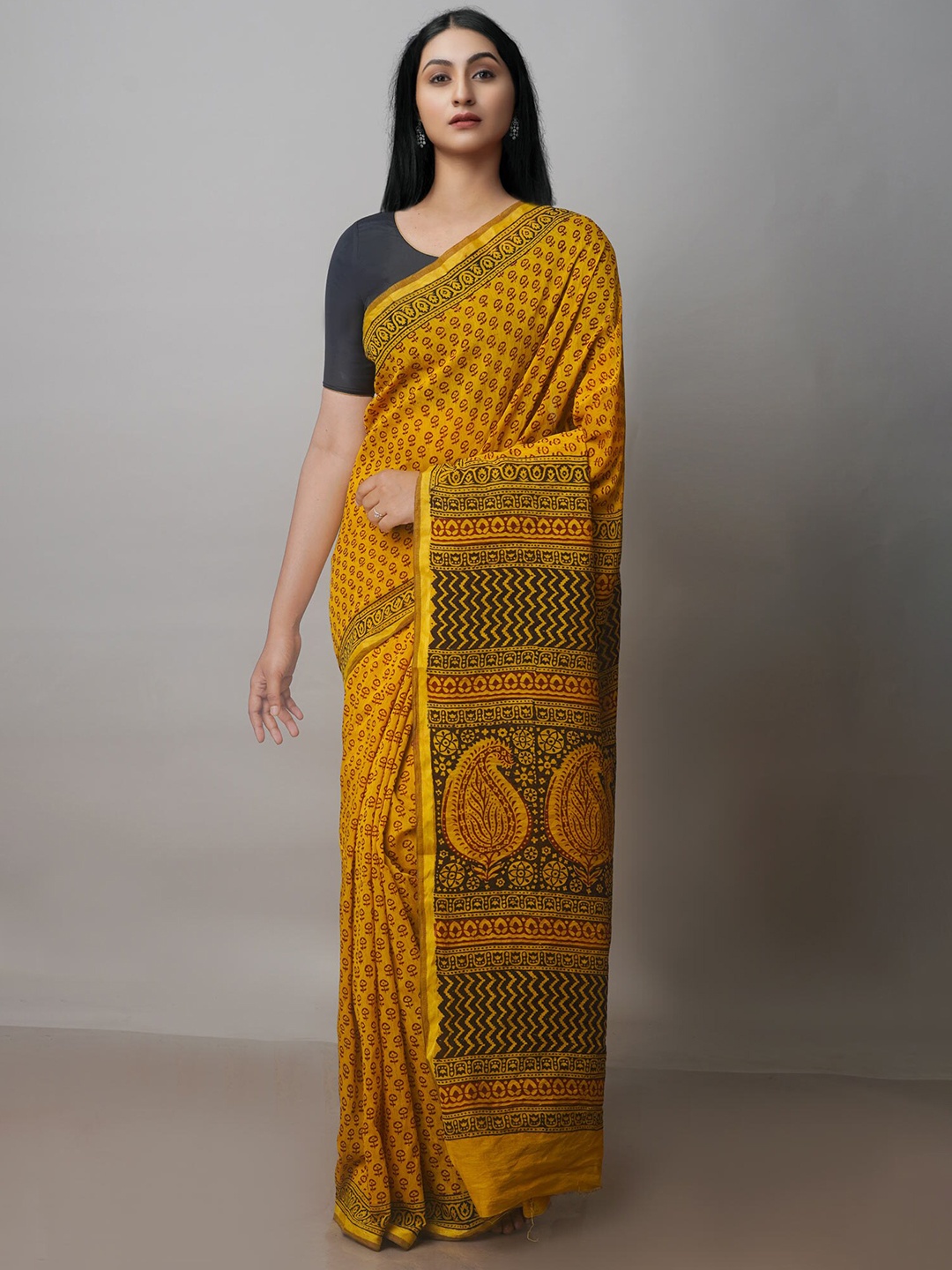 

Unnati Silks Ethnic Motifs Printed Chanderi Zari Saree, Yellow