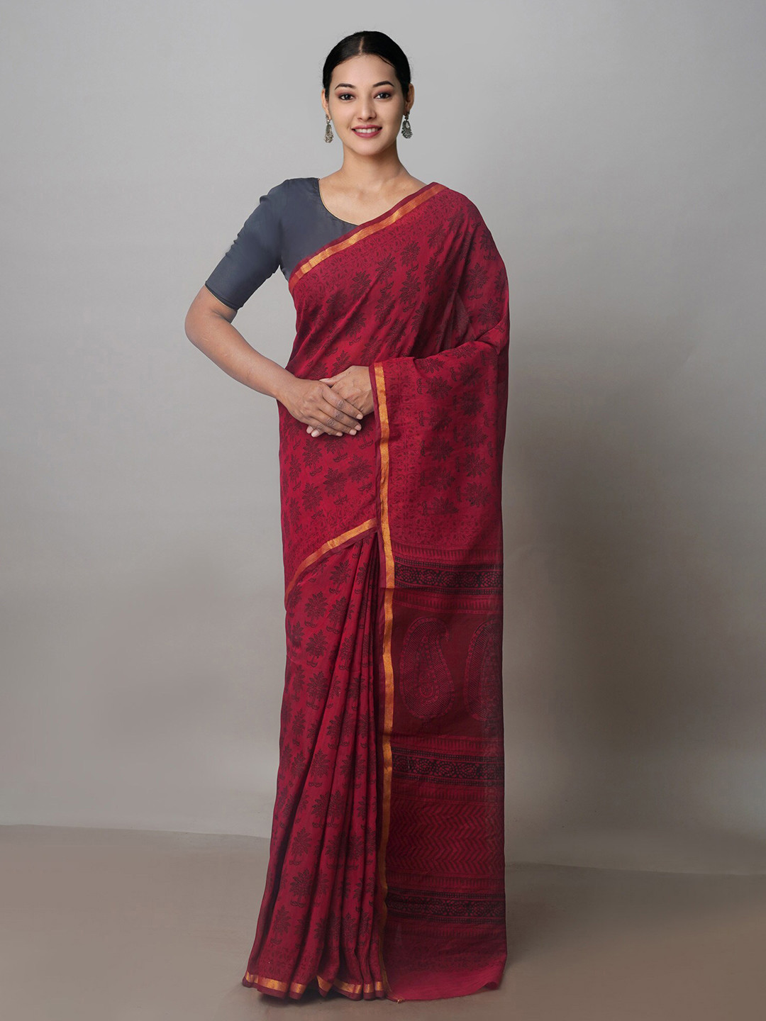 

Unnati Silks Ethnic Motifs Zari Chanderi Saree, Red