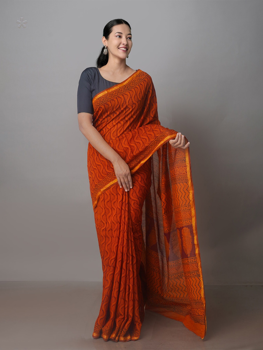 

Unnati Silks Ethnic Printed Zari Chanderi Saree, Orange