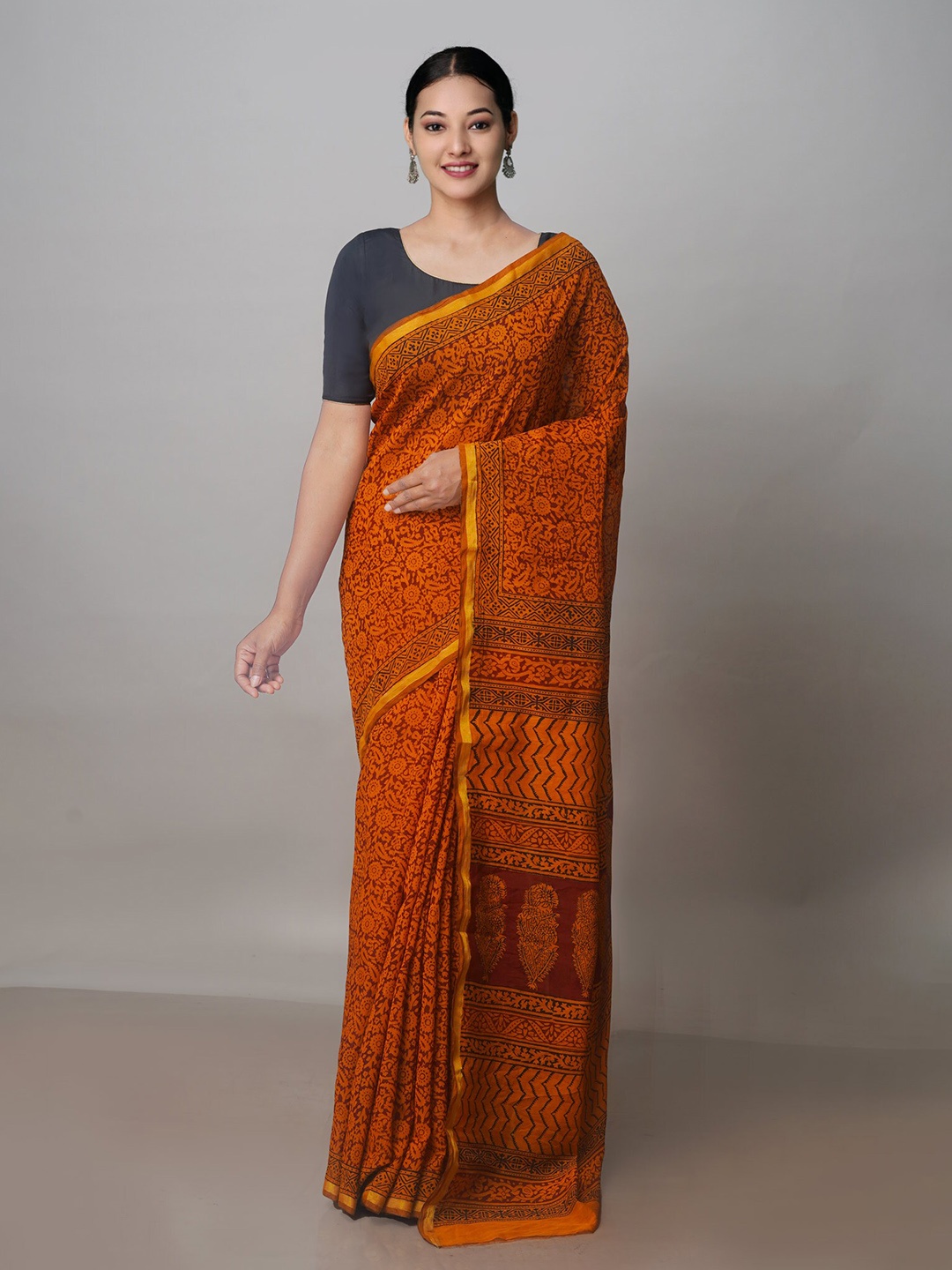 

Unnati Silks Bagh Printed Zari Chanderi Saree, Orange