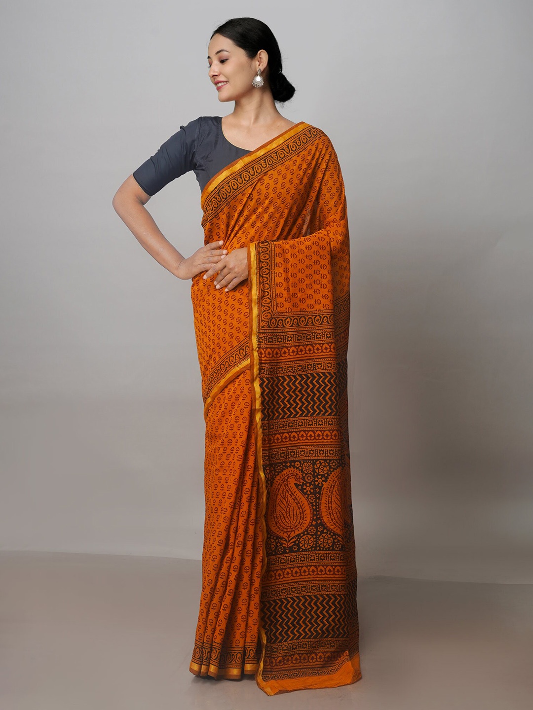 

Unnati Silks Bagh Printed Zari Chanderi Saree, Orange