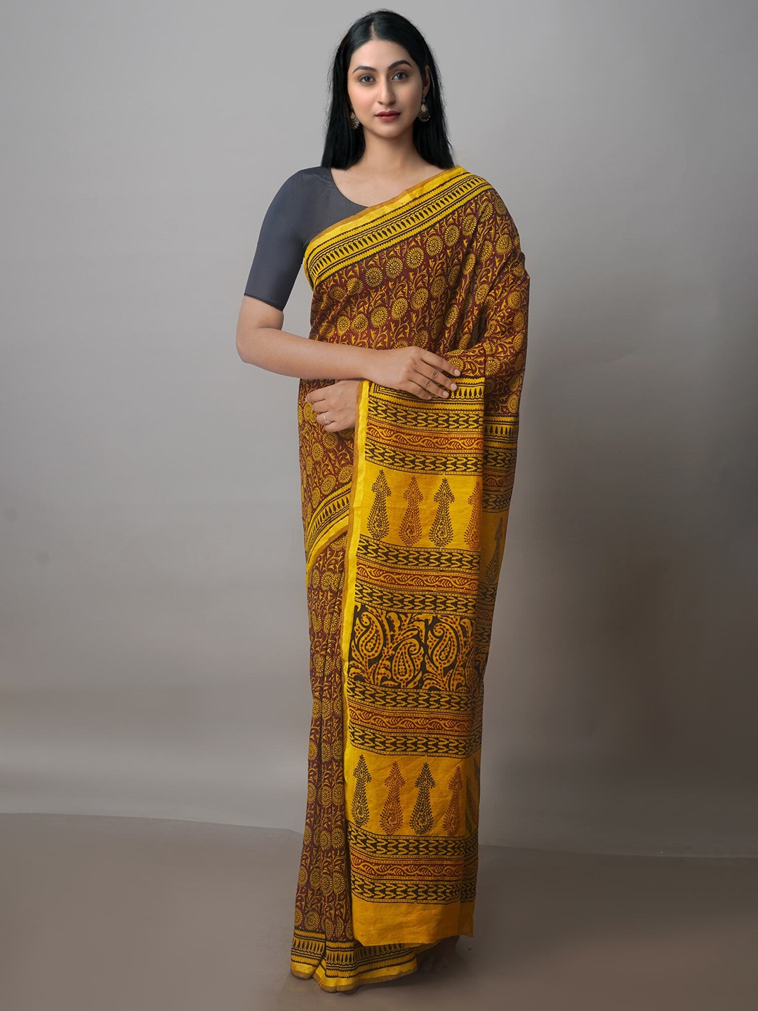 

Unnati Silks Bagh Printed Zari Chanderi Saree, Yellow