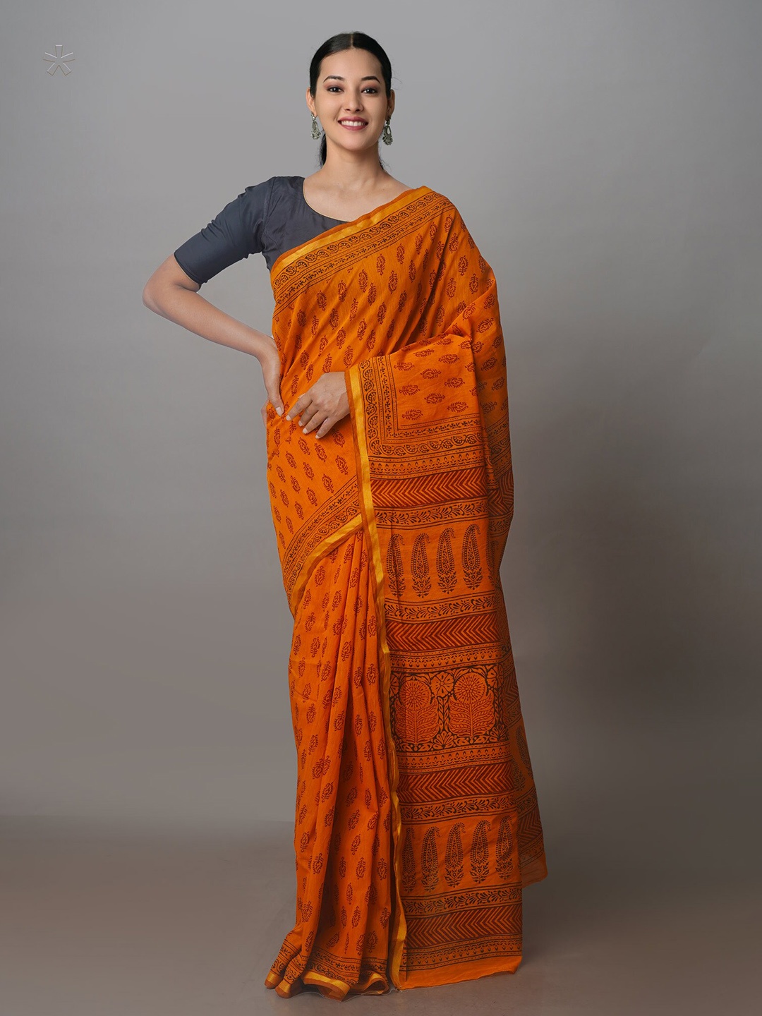 

Unnati Silks Paisley Printed Chanderi Zari Saree, Orange