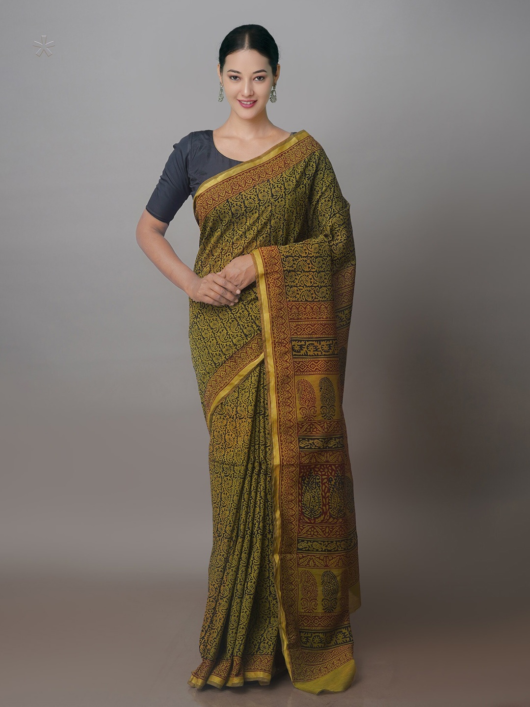 

Unnati Silks Paisley Printed Zari Chanderi Saree, Green