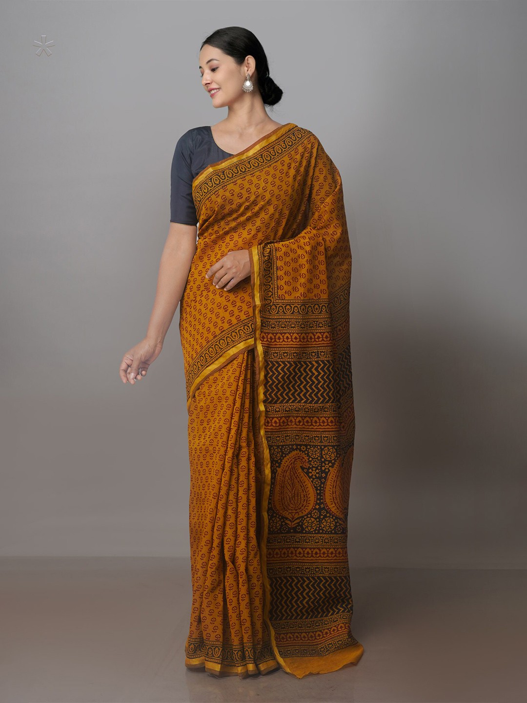 

Unnati Silks Floral Printed Zari Chanderi Saree, Mustard