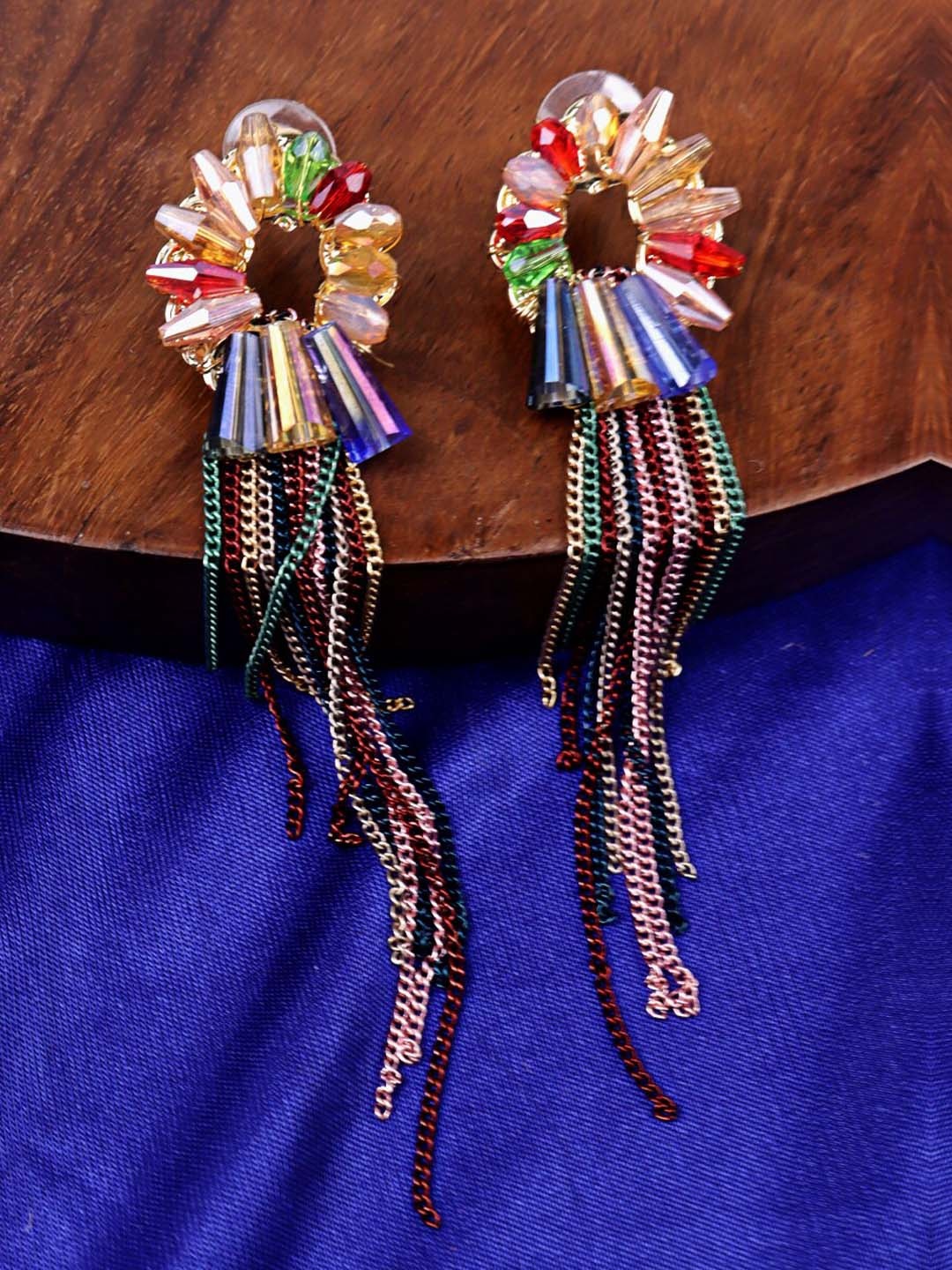

Krelin Gold Plated Contemporary Tasselled Crystal Studded Drop Earrings
