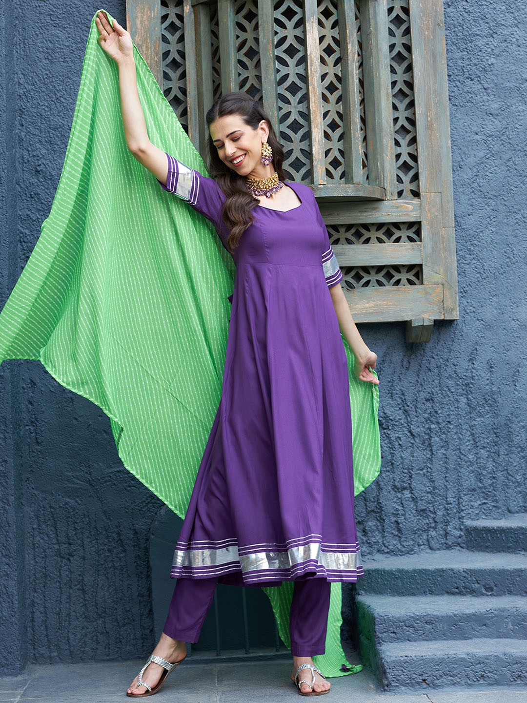 

Shae by SASSAFRAS Regular Anarkali Kurta With Trousers & Dupatta, Purple