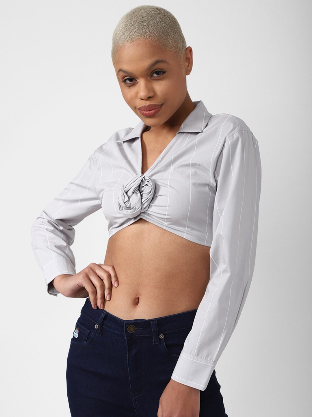 

FOREVER 21 Vertical Striped Twisted Pure Cotton Shirt Style Crop Top, Grey
