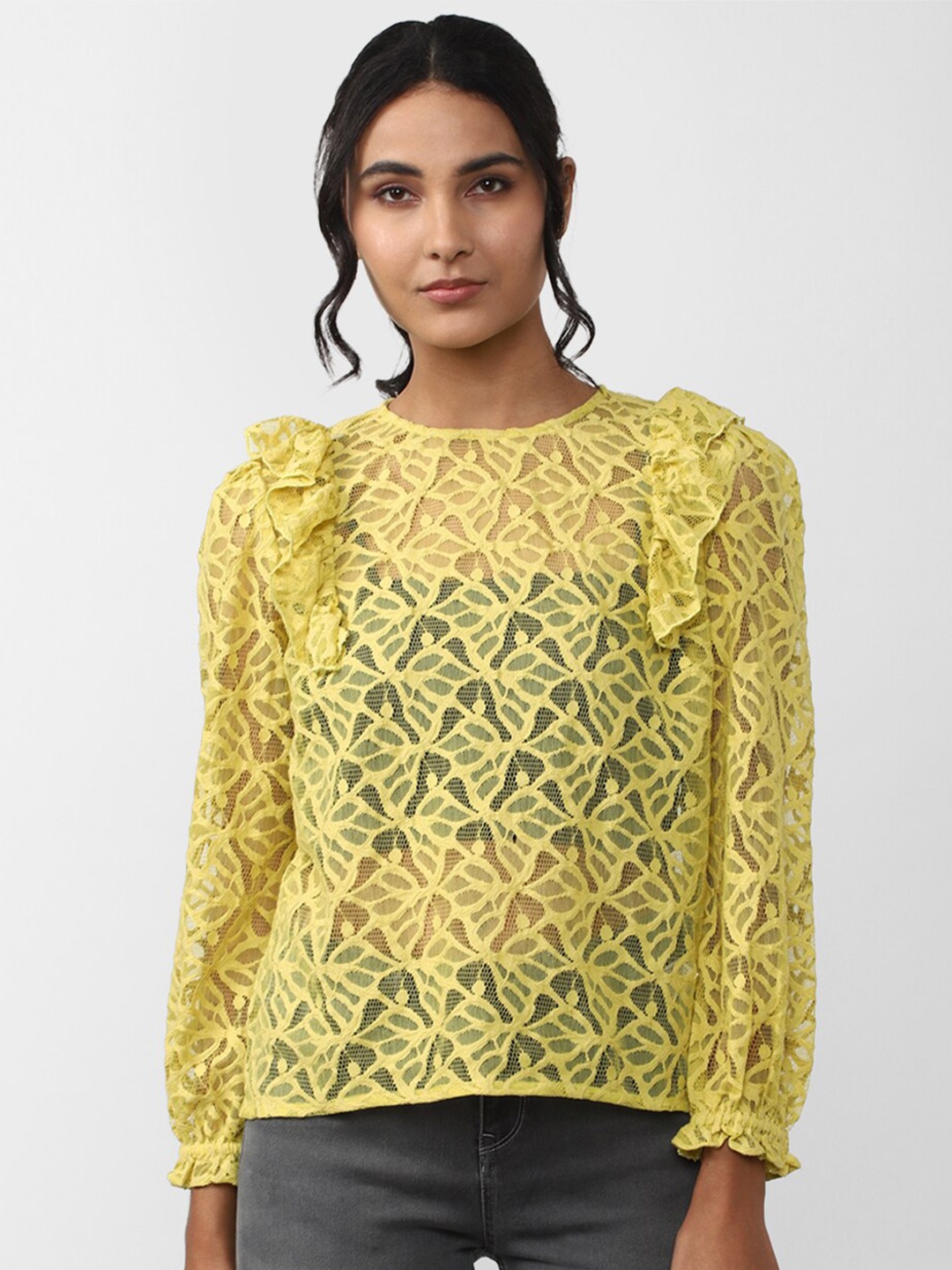 

FOREVER 21 Self Design Puffed sleeves Pure Cotton Top, Yellow