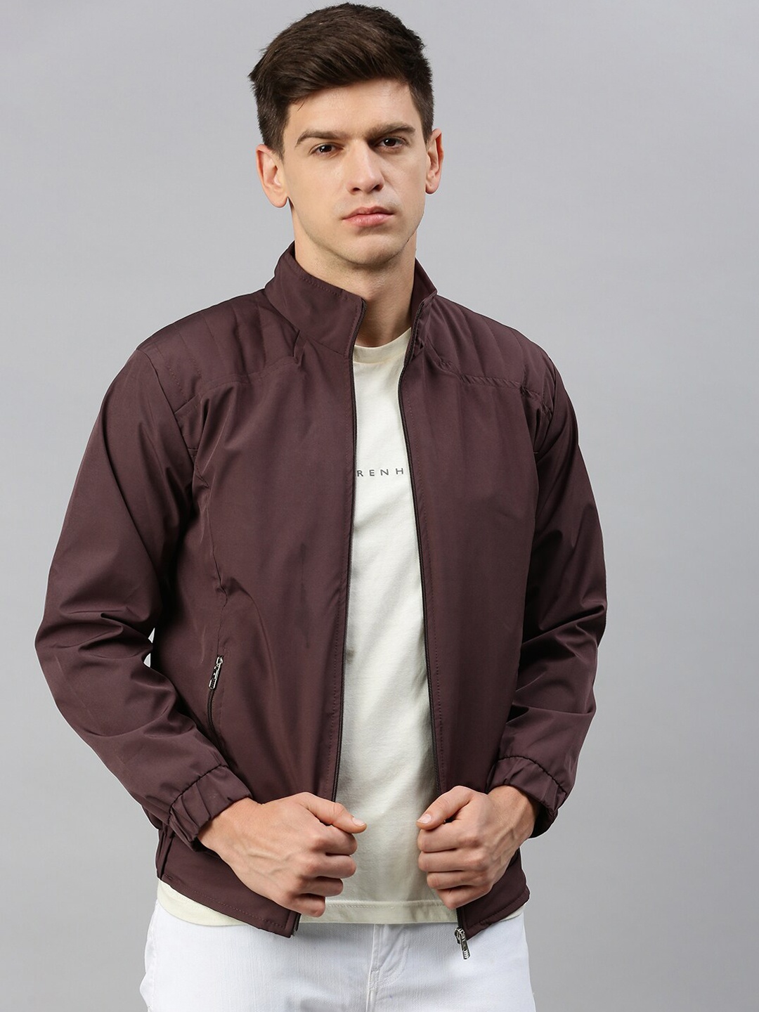 

VOXATI Mock Collar Bomber Jacket, Brown