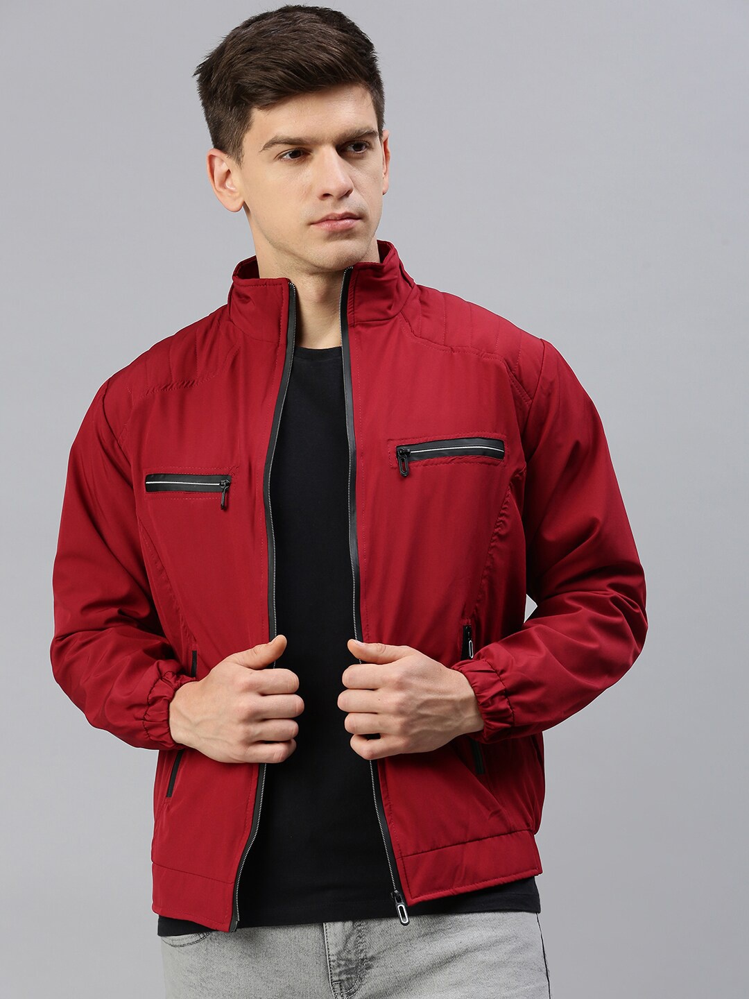 

VOXATI Stand Collar Bomber Jacket, Red