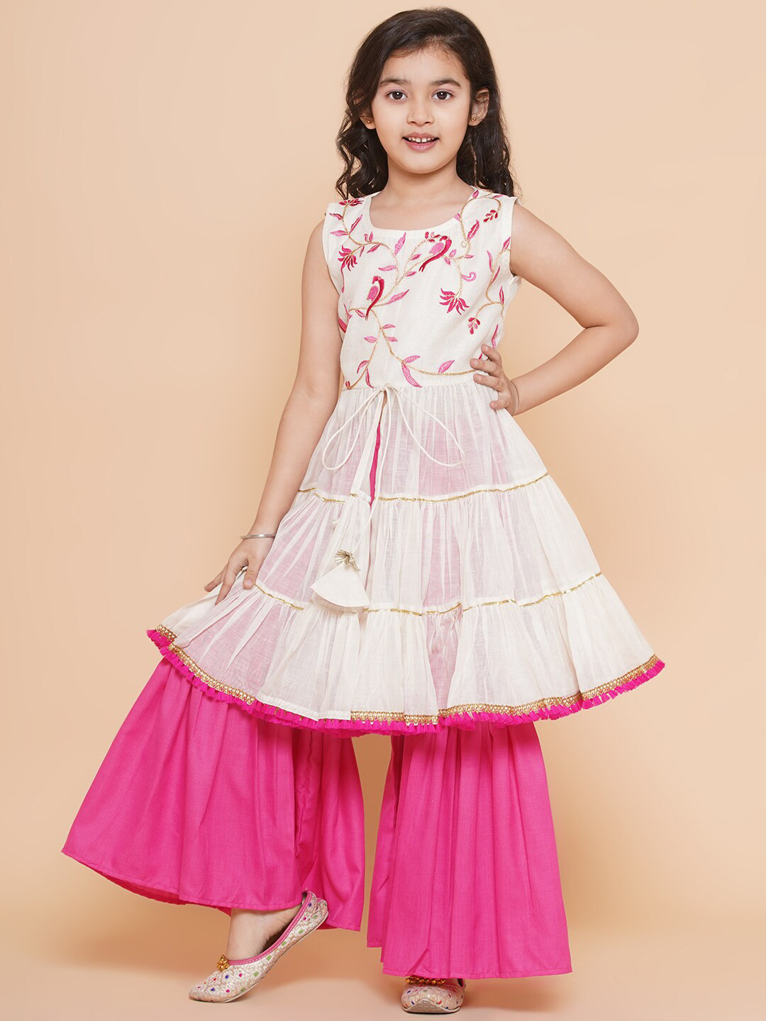 

Bitiya by Bhama Girls Ethnic Motifs Embroidered Chanderi Cotton Kurta With Sharara, White