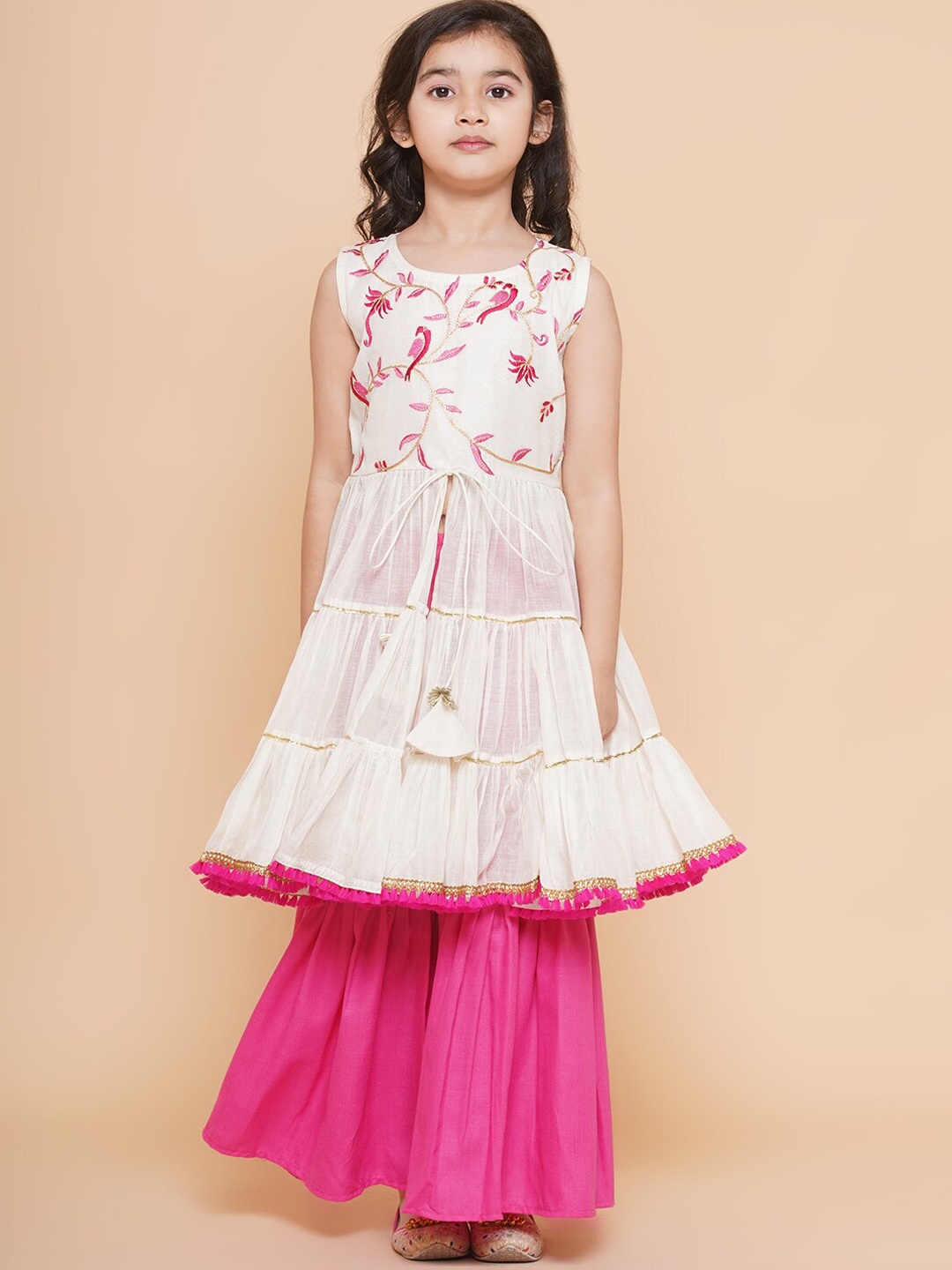 

Bitiya by Bhama Girls Floral Embroidered Tiered Chanderi Cotton Kurta With Sharara, White