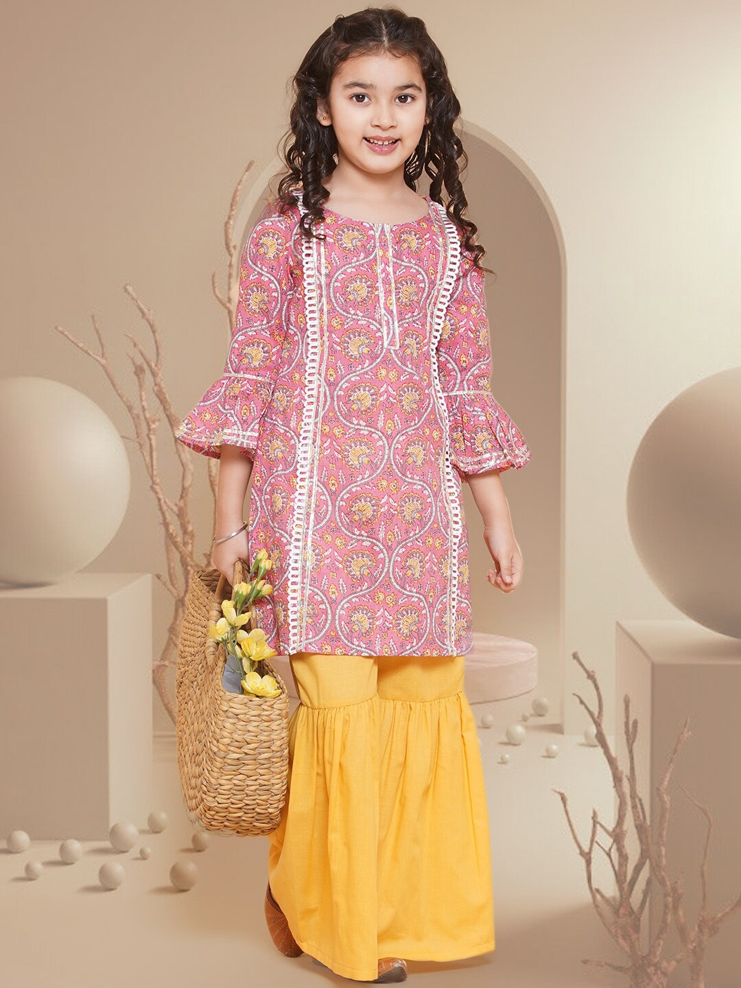 

Bitiya by Bhama Girls Ethnic Motifs Printed Gotta Patti Pure Cotton Kurta With Sharara, Pink