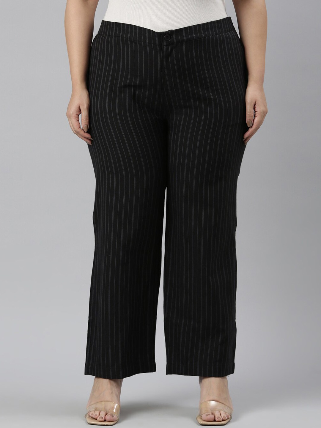 

Go Colors Plus Size Women Relaxed Mid Rise Striped Knitted Linen Casual Parallel Trousers, Black