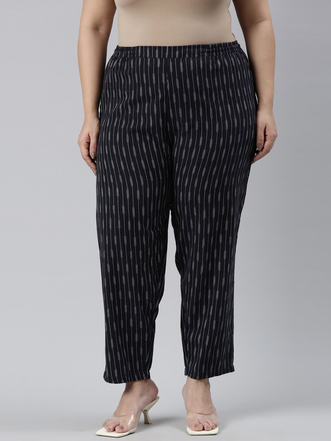 

Go Colors Women Vertical Striped Comfort Linen Trousers, Navy blue