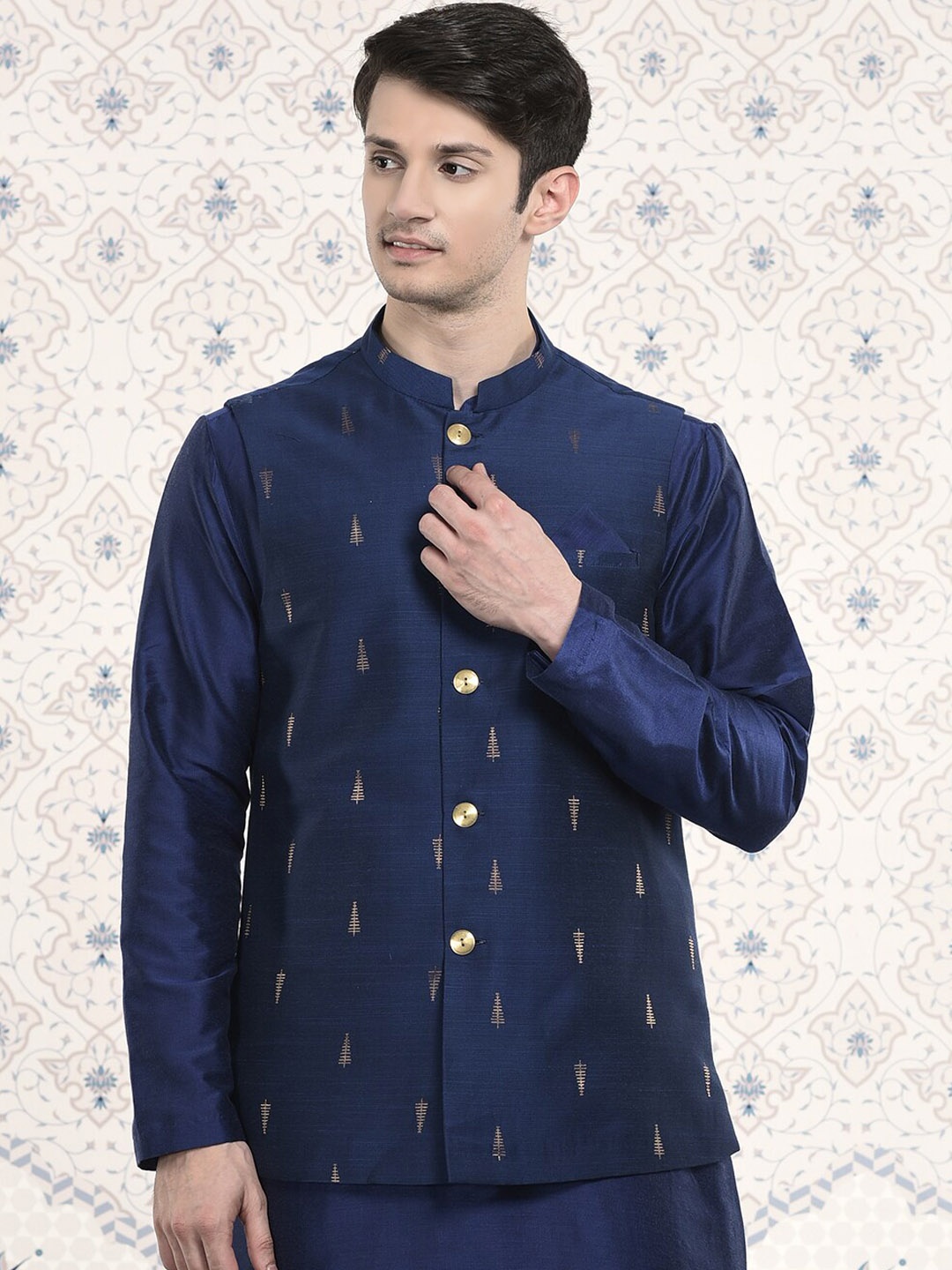 

Ode by House of Pataudi Men Woven Design Nehru Jackets, Blue