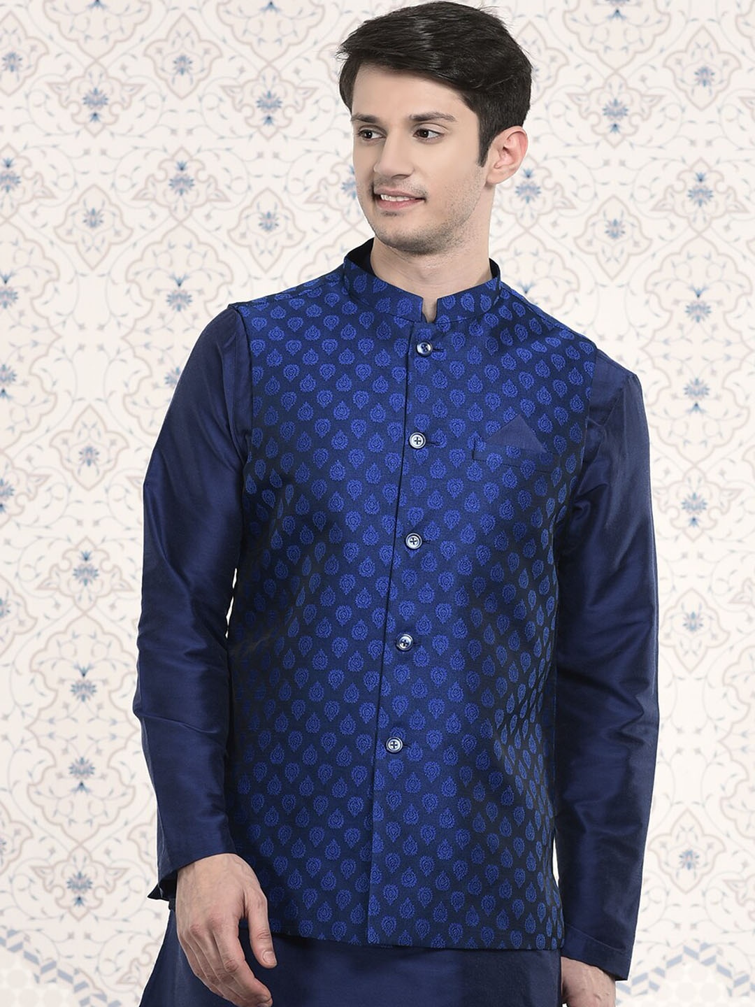 

Ode by House of Pataudi Men Woven Design Nehru Jackets, Blue