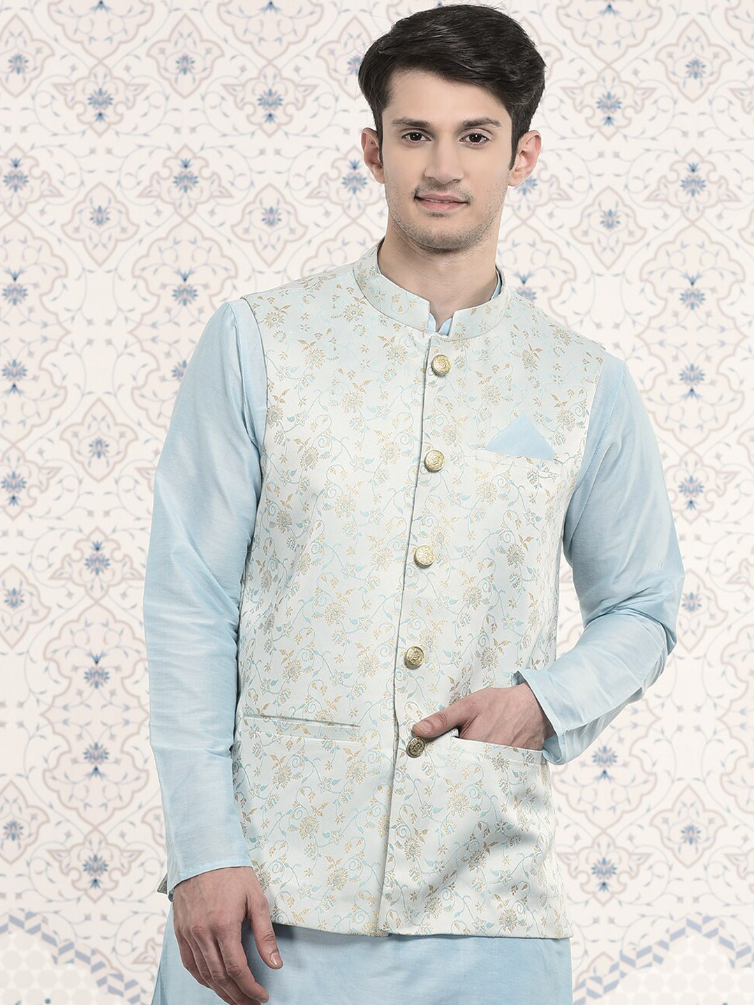 

Ode by House of Pataudi Men Woven Design Nehru Jackets, Blue