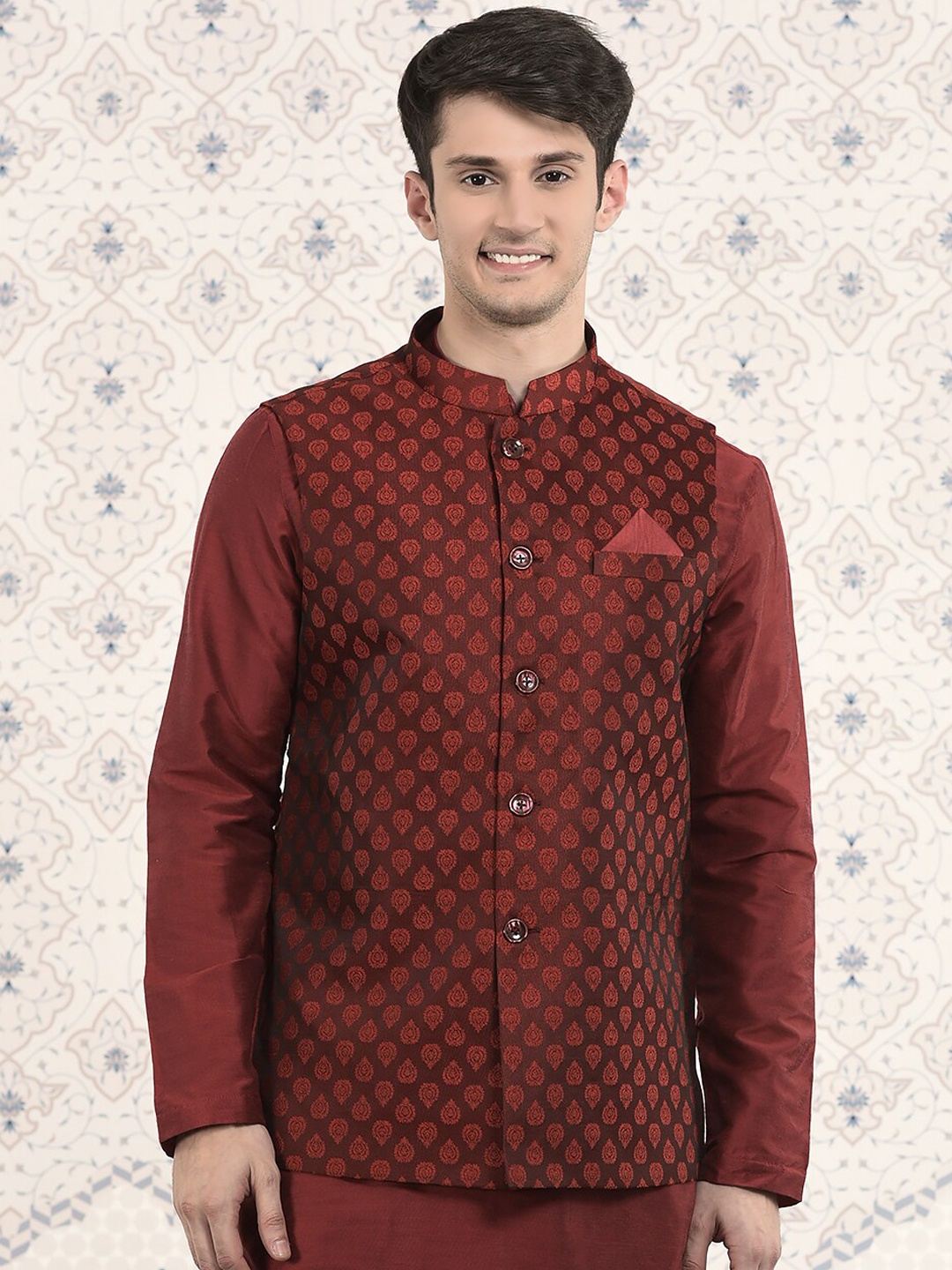 

Ode by House of Pataudi Men Woven Design Nehru Jackets, Red