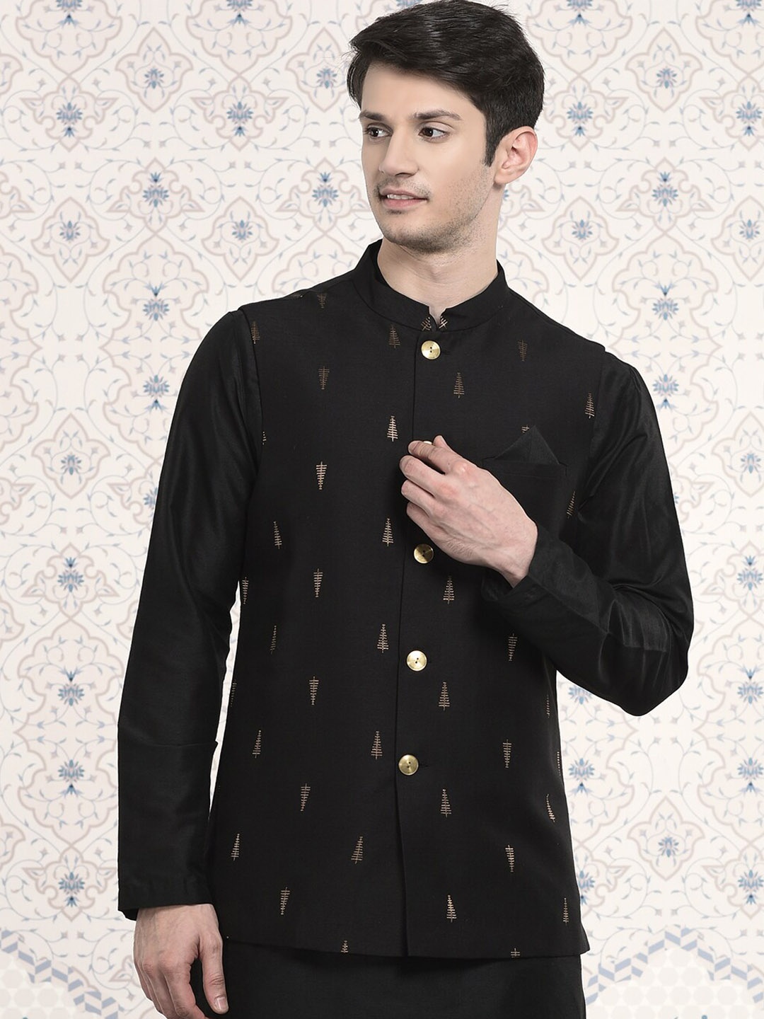 

Ode by House of Pataudi Men Woven Design Nehru Jackets, Black