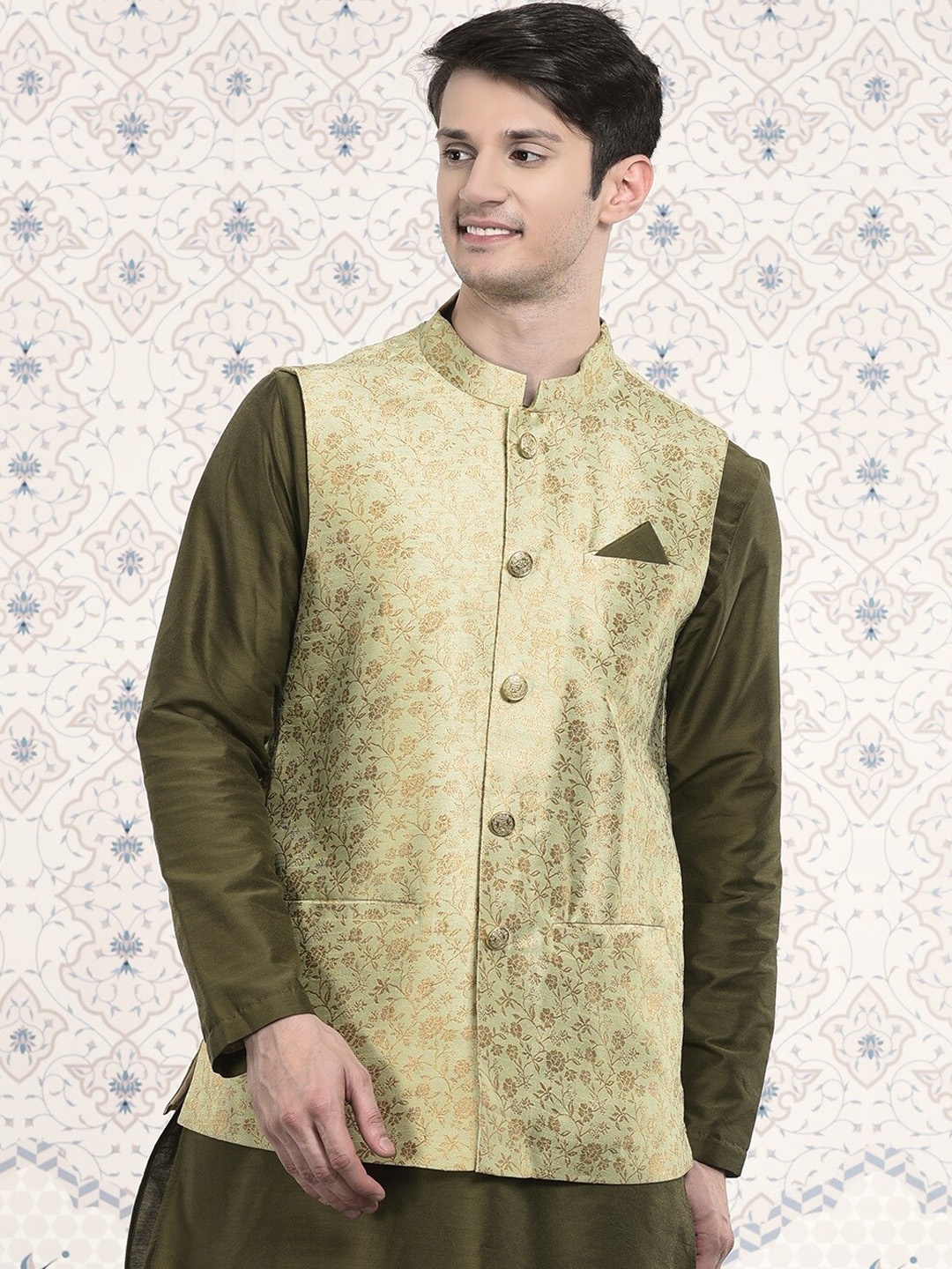 

Ode by House of Pataudi Woven Design Nehru Jackets, Green