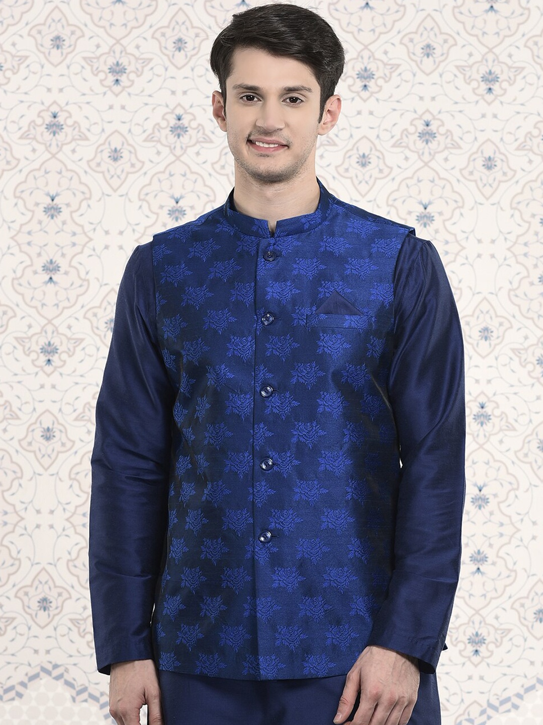 

Ode by House of Pataudi Men Woven Design Nehru Jackets, Blue