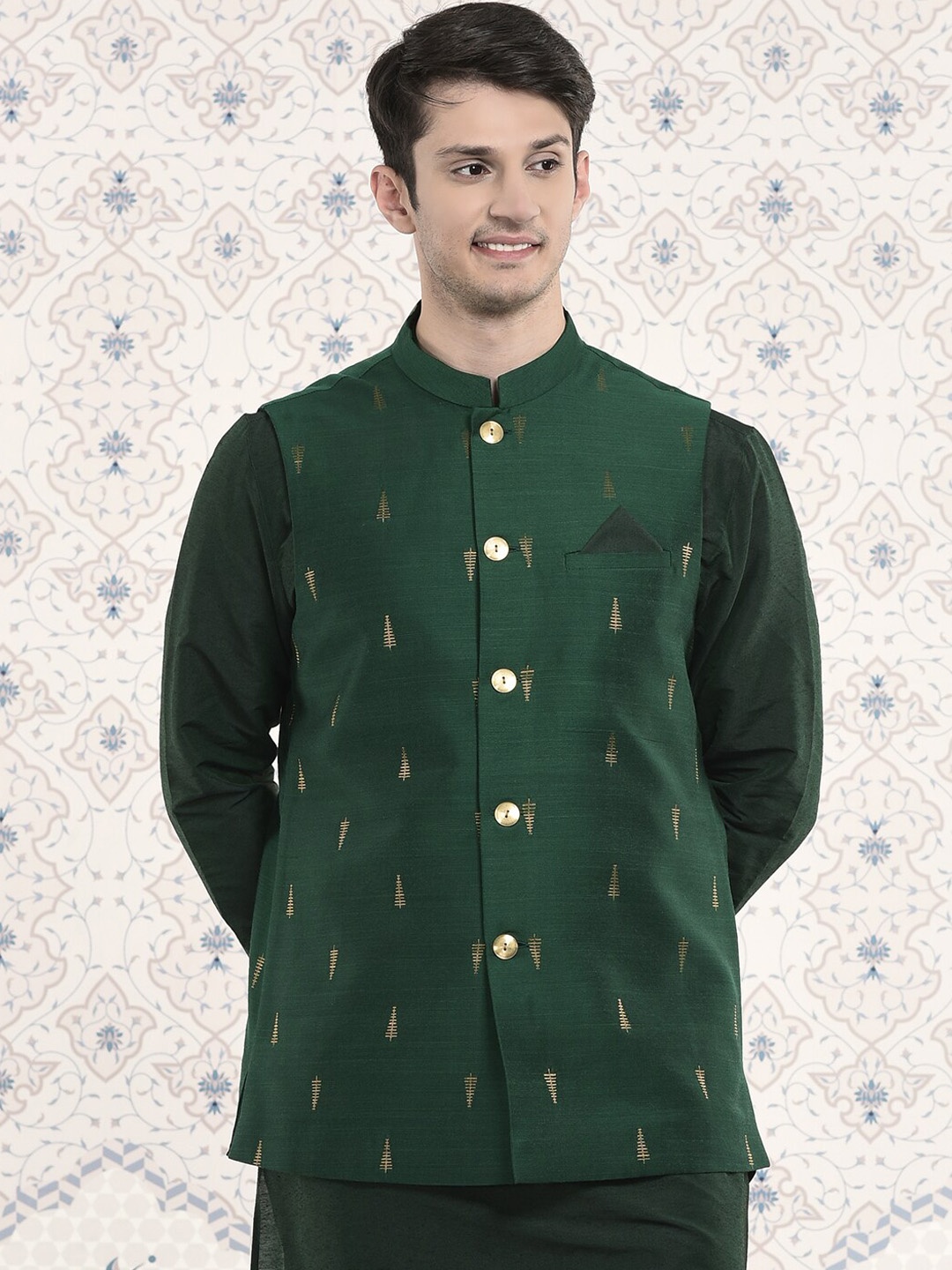 

Ode by House of Pataudi Woven Design Nehru Jackets, Green