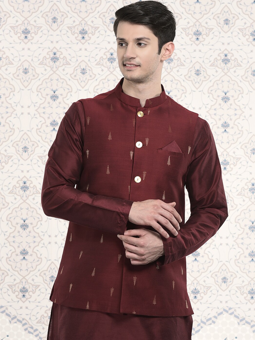 

Ode by House of Pataudi Men Woven Design Nehru Jackets, Red