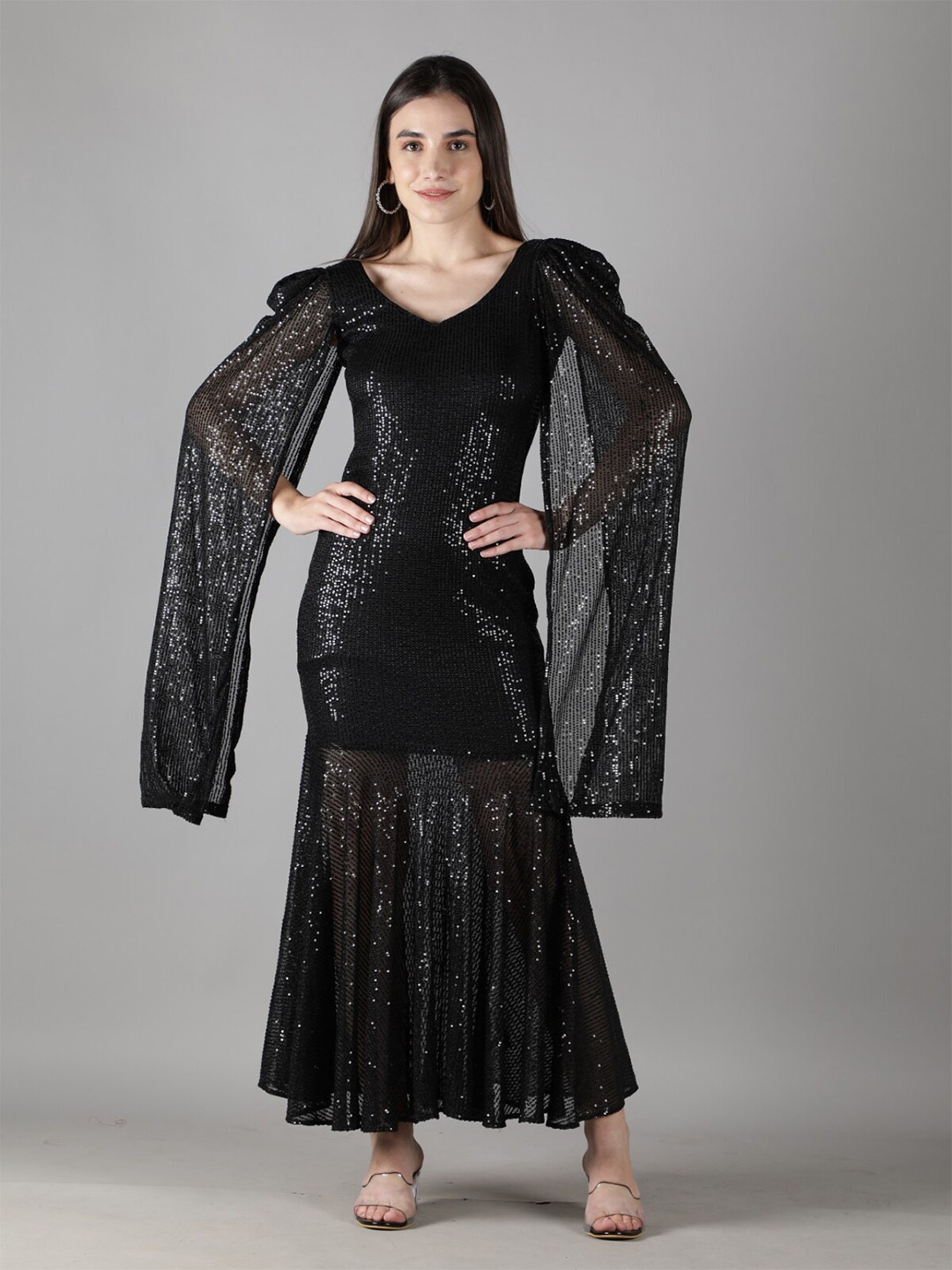 

Svelte Couture Embellished Cape Sleeve Maxi Drop-Waist Dress, Black