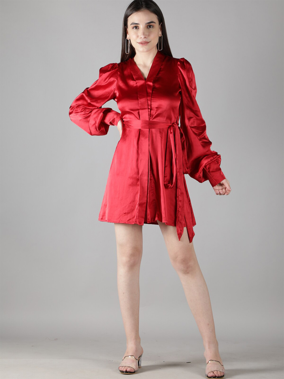 

Svelte Couture V-Neck Satin A-Line Dress With Belt, Red