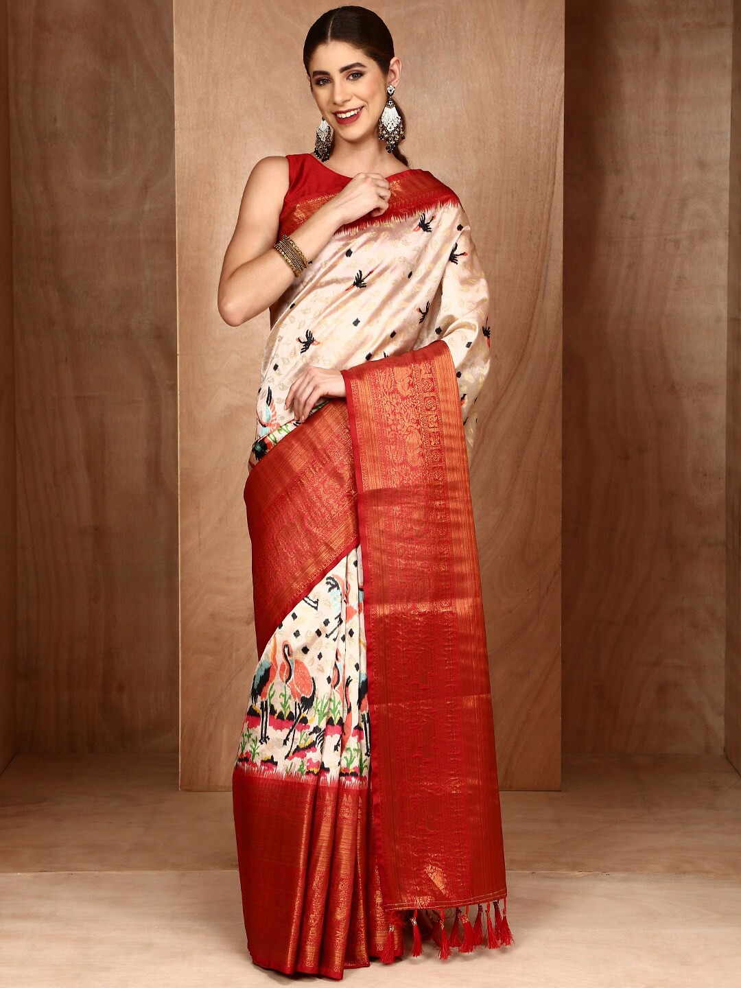

Anouk Ethnic Motifs Woven Design Zari Patola Saree, Cream