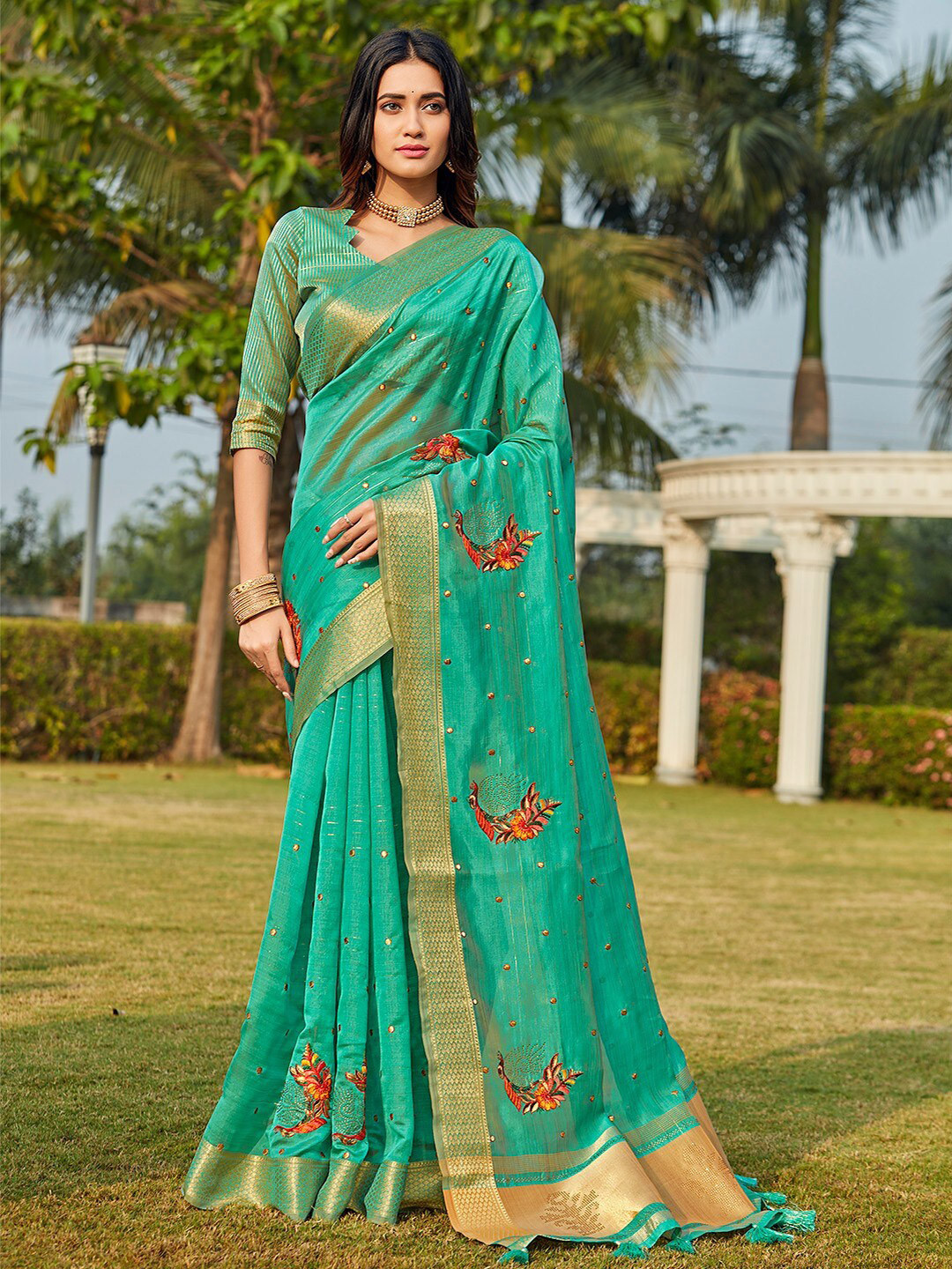 

Mitera Ethnic Motifs Embroidered Zari Organza Saree, Sea green
