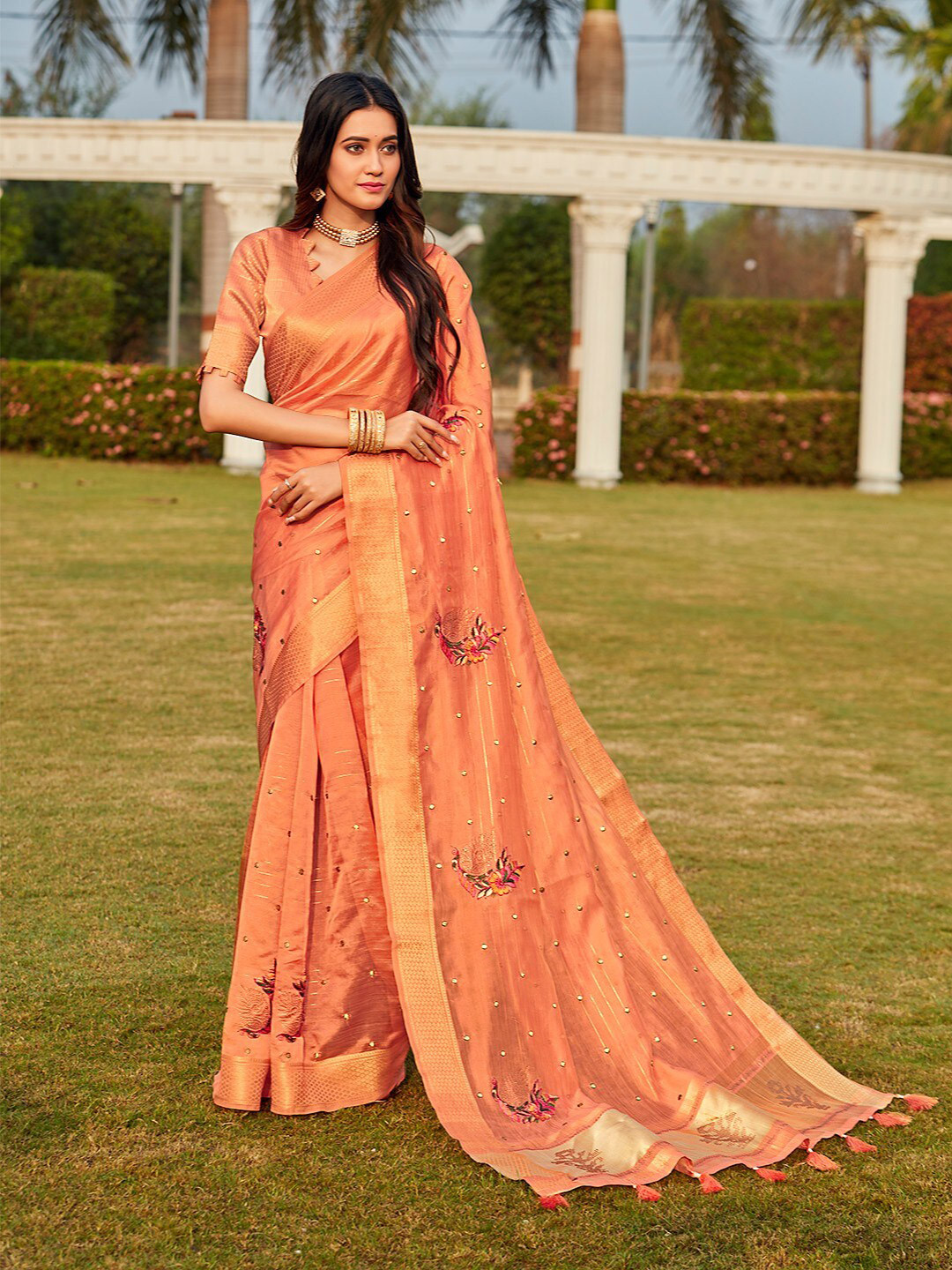 

Mitera Floral Embroidered Mirror Work Zari Organza Saree, Peach