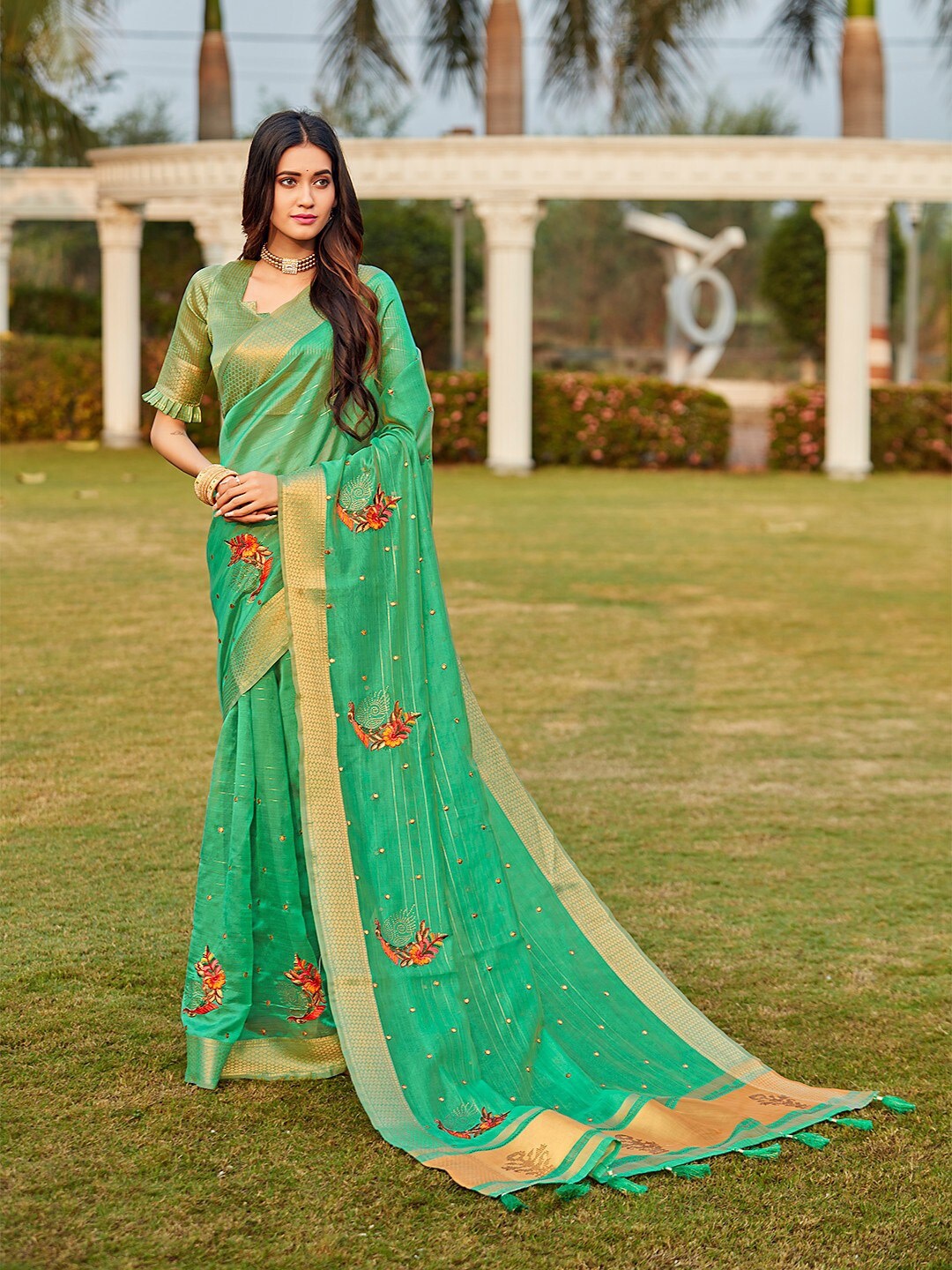

Mitera Ethnic Motifs Embroidered Mirror Work Organza Saree, Teal