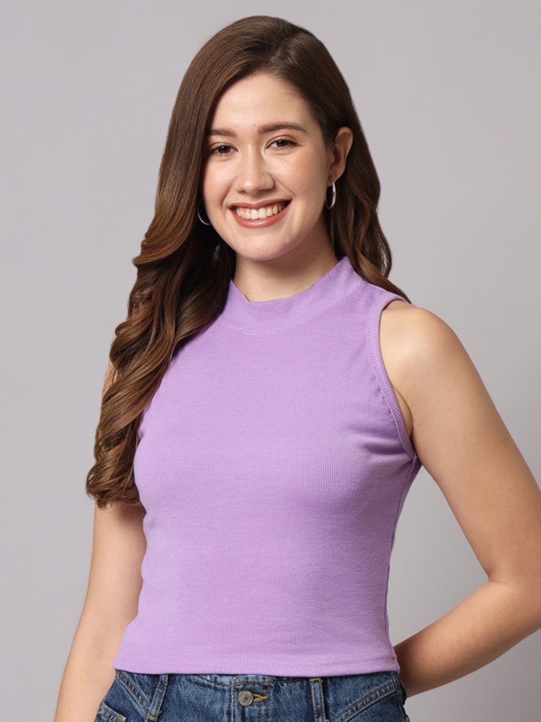

Funday Fashion High Neck Sleeveless Fitted Top, Purple