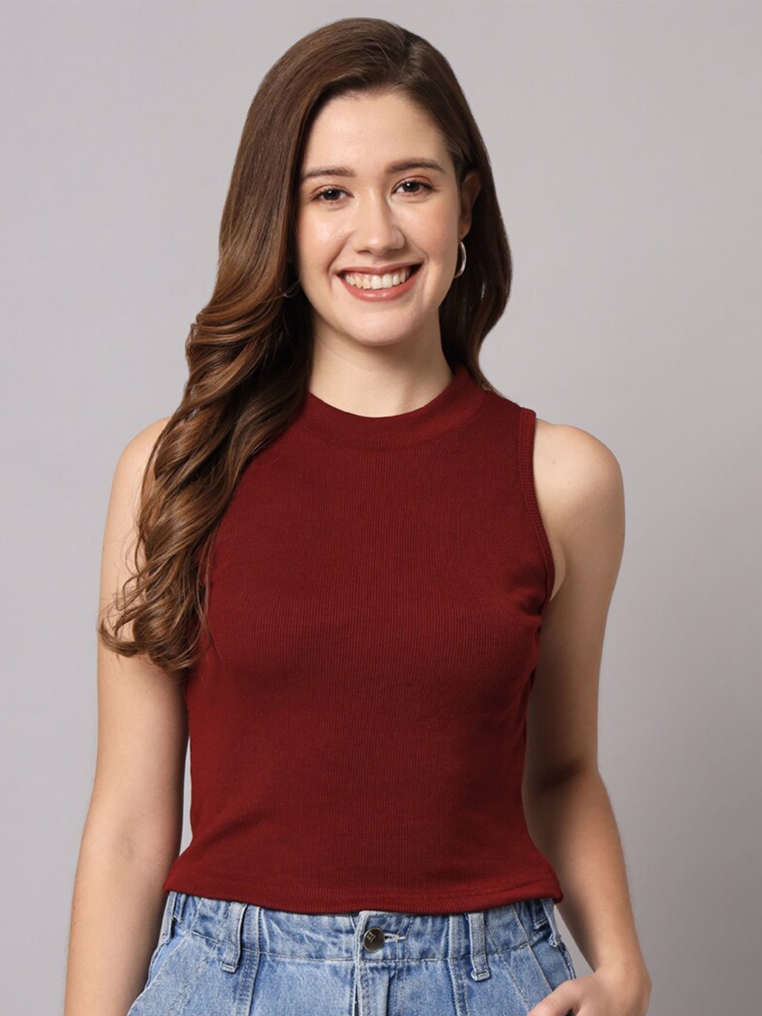 

Funday Fashion Round Neck Sleeveless Crop Fitted Cotton Top, Maroon