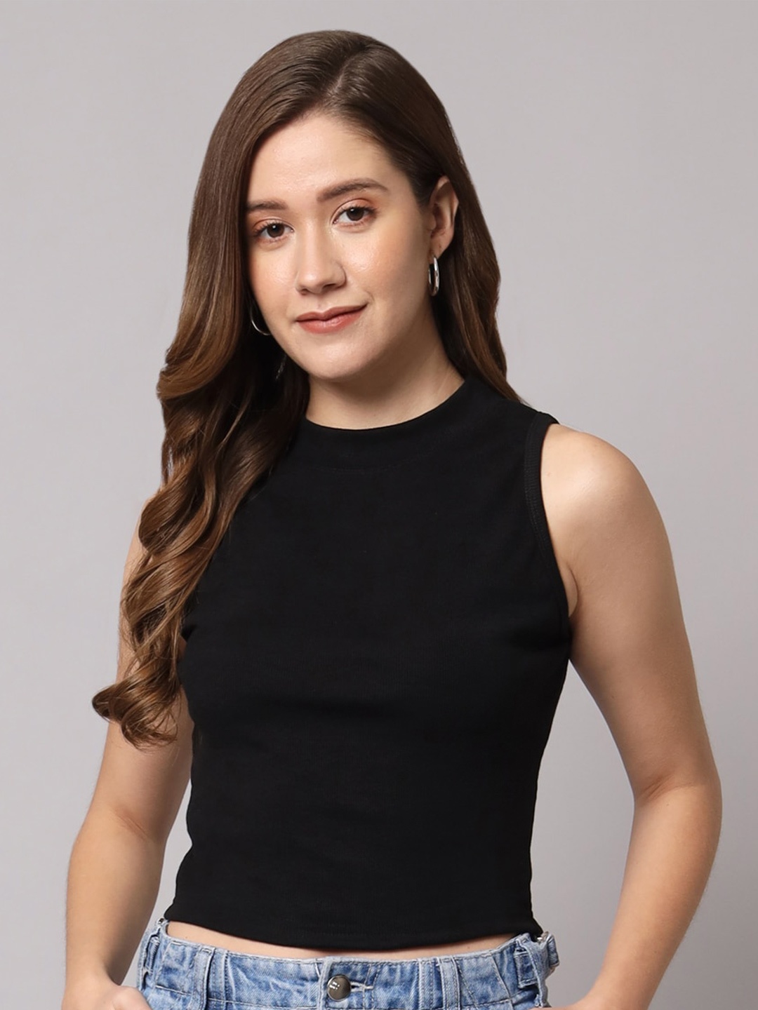 

Funday Fashion High Neck Sleeveless Fitted Top, Black