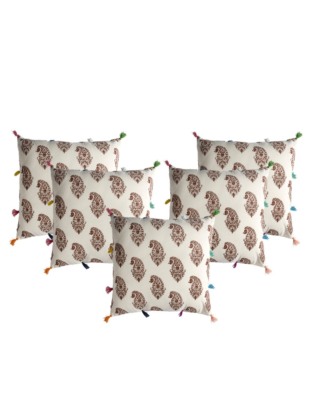 

Contrast Living Cream-Coloured & Maroon 5-Pieces Printed Cotton Square Cushion Covers