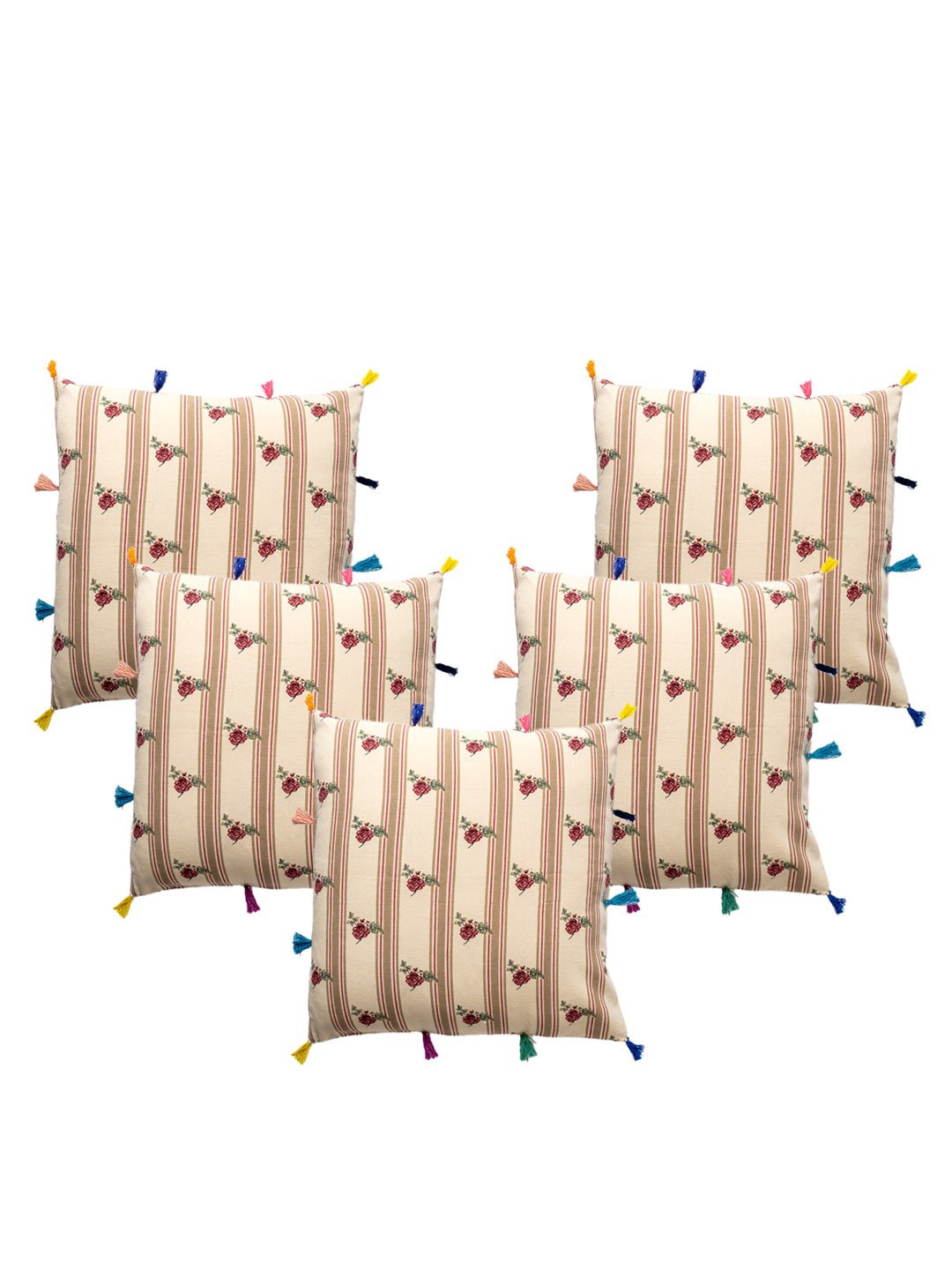 

Contrast Living Beige & Pink 5-Pieces Printed Cotton Square Cushion Covers