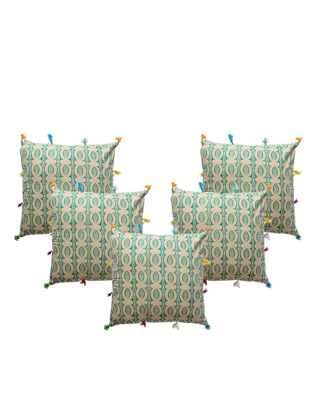 

Contrast Living Beige & Green 5 Pieces Floral Cotton Square Cushion Covers