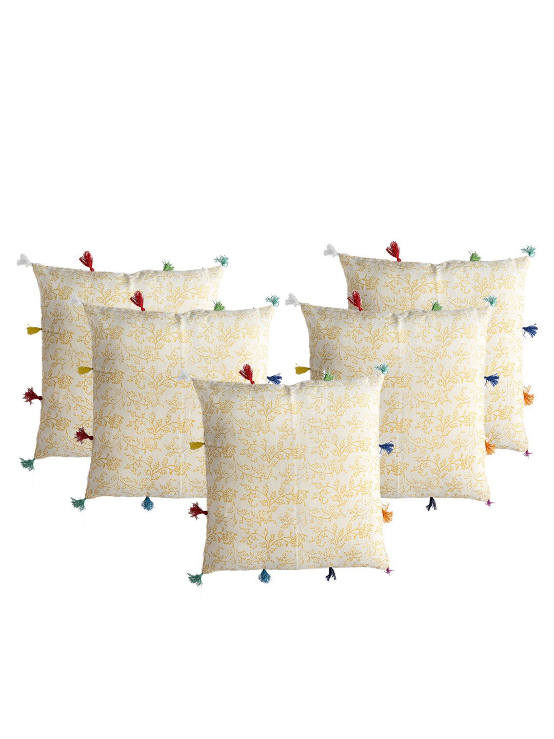 

Contrast Living Yellow & White 5 Pieces Floral Linen Square Cushion Covers