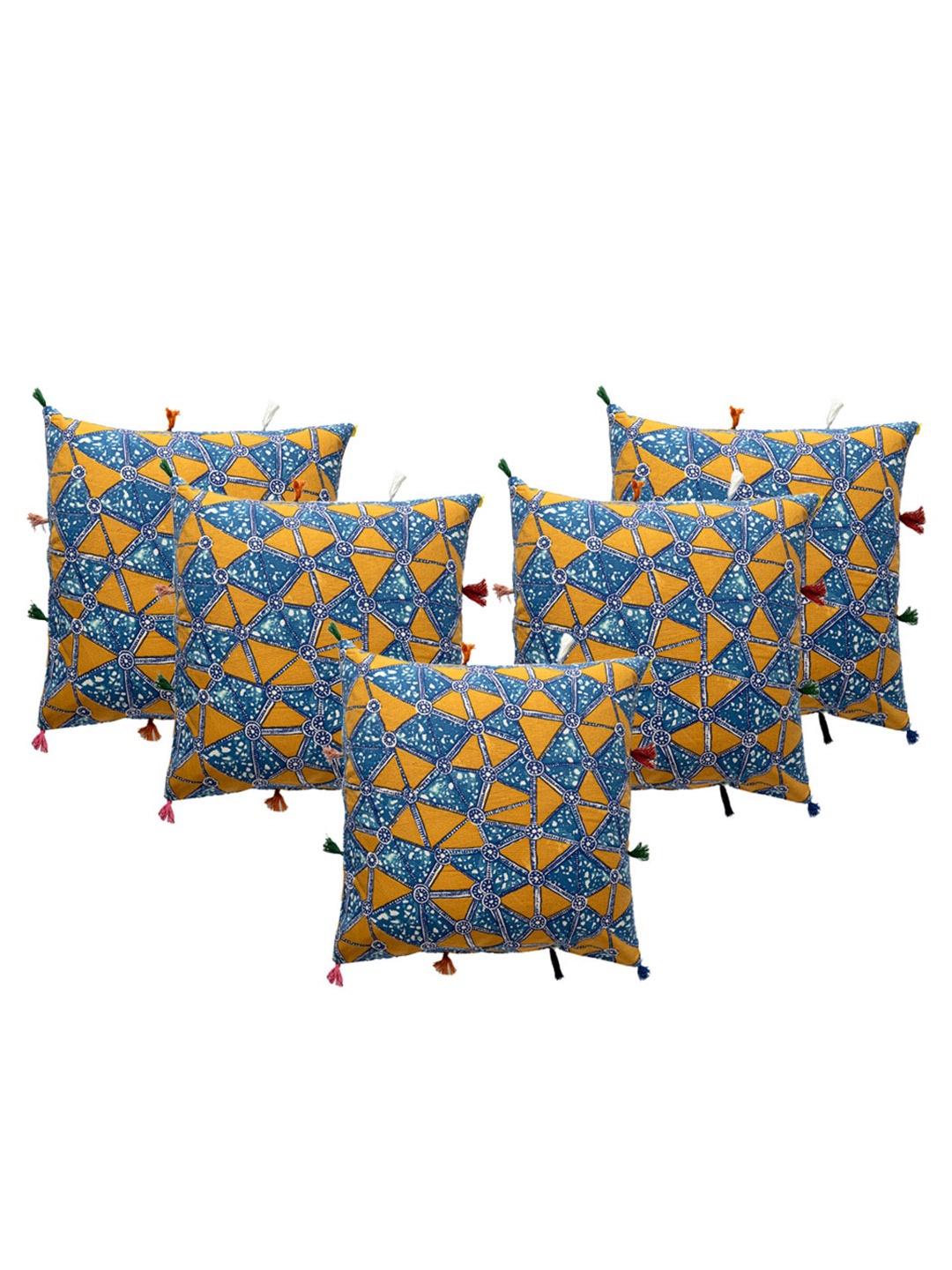 

Contrast Living Blue & Yellow 5 Pieces Geometric Cotton Square Cushion Covers