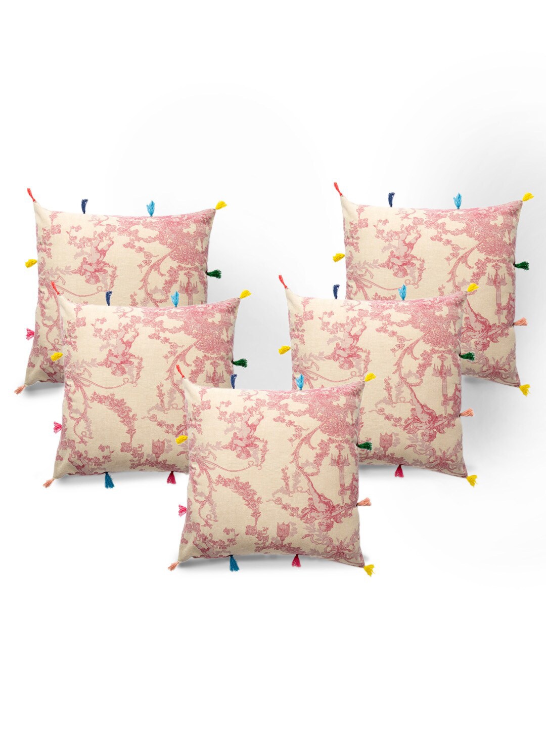 

Contrast Living Beige & Pink 5 Pieces Floral Cotton Square Cushion Covers