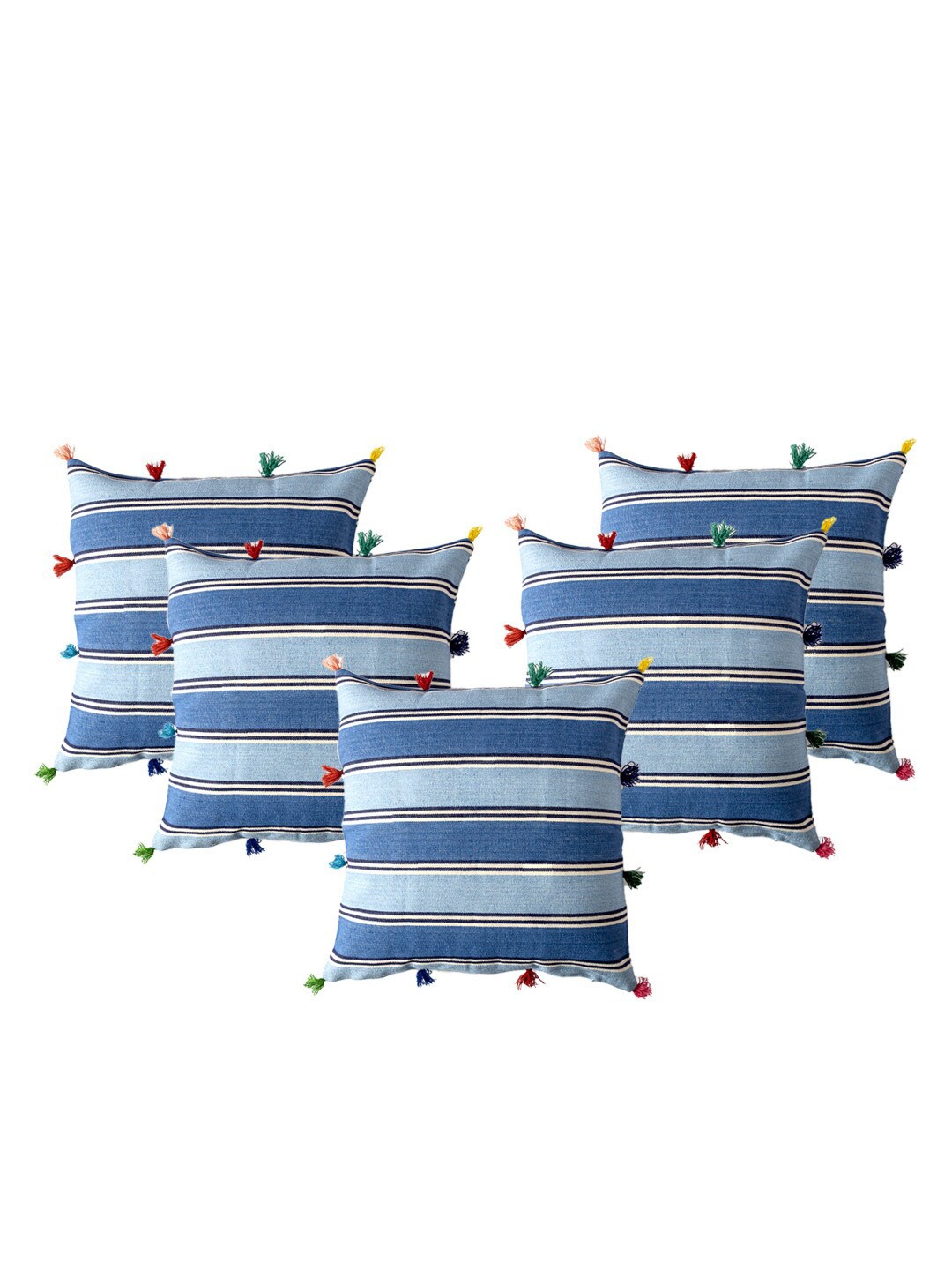 

Contrast Living Blue & Black 5 Pieces Striped Cotton Square Cushion Covers