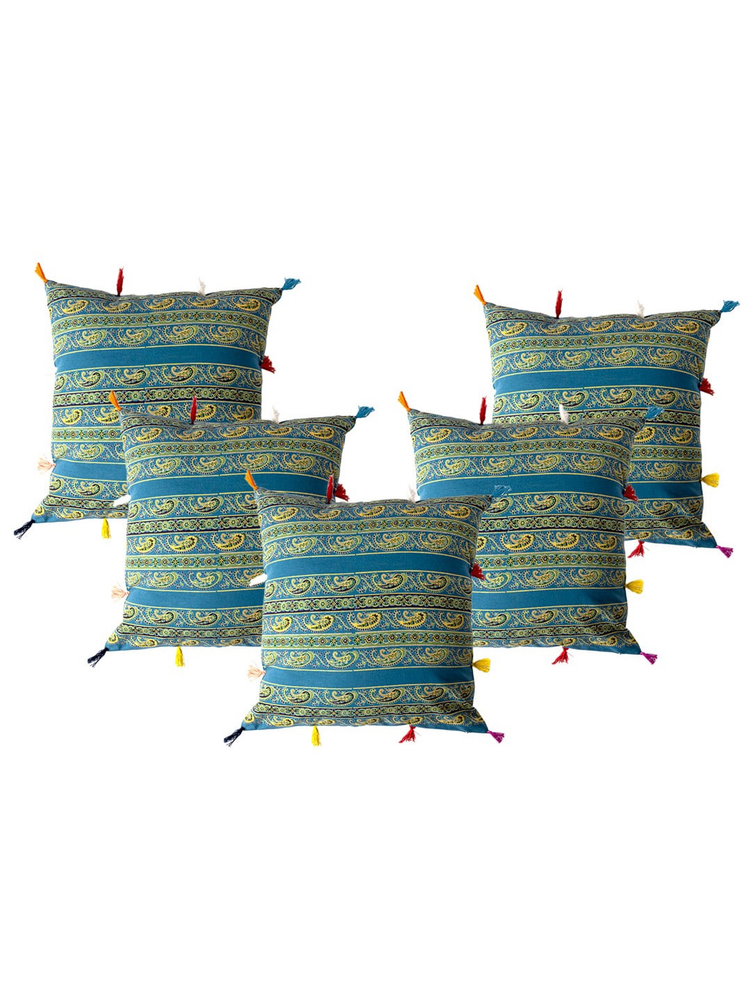 

Contrast Living Blue & Mustard 5 Pieces Ethnic Motifs Square Cotton Cushion Covers