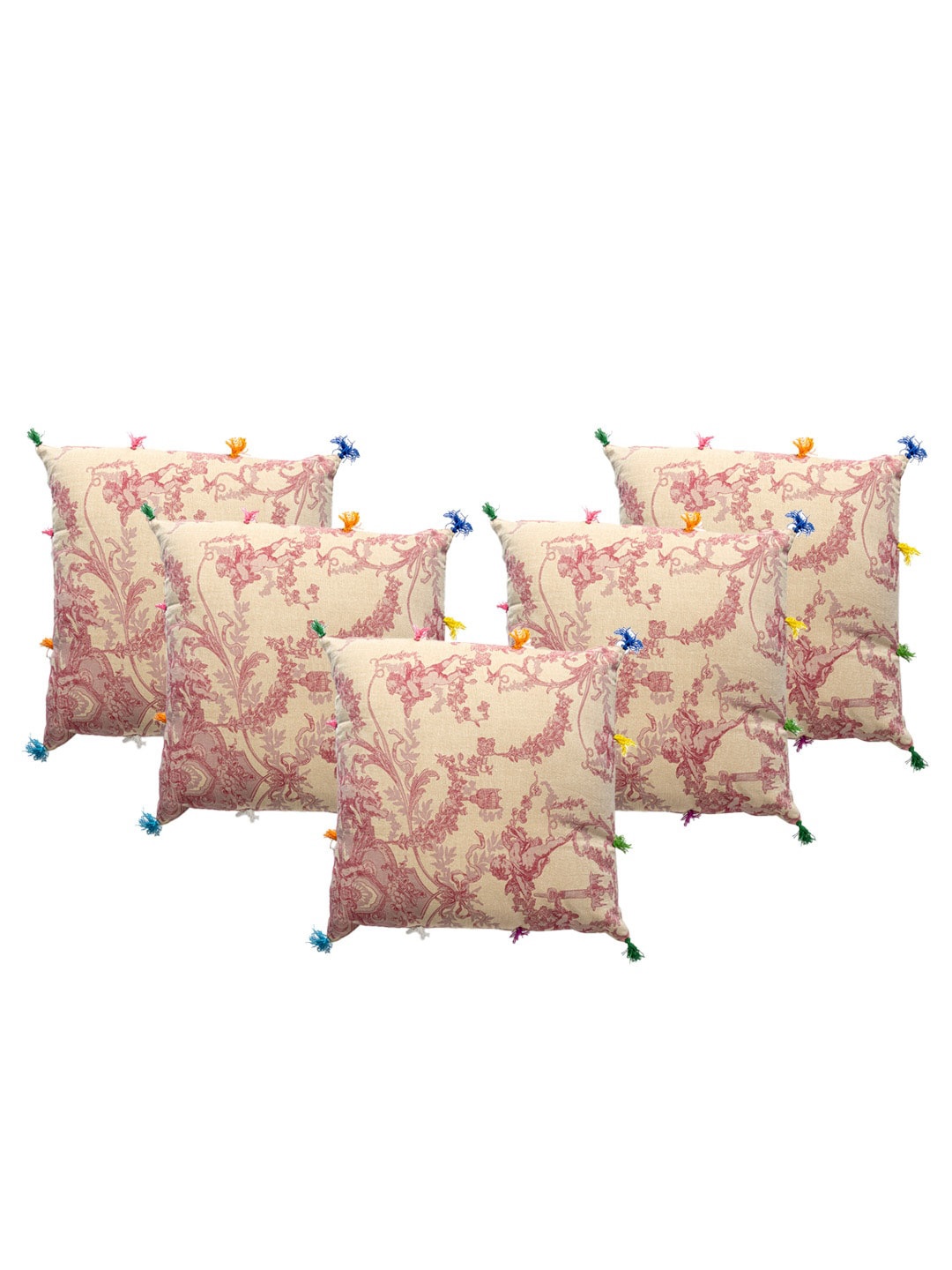 

Contrast Living Beige & Pink 5-Pieces Printed Cotton Square Cushion Covers