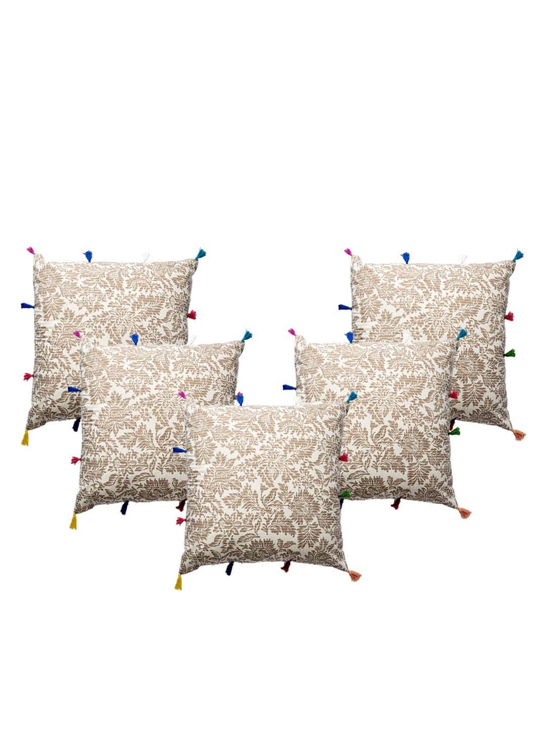 

Contrast Living Brown & White 5 Pieces Floral Printed Cotton Square Cushion Covers